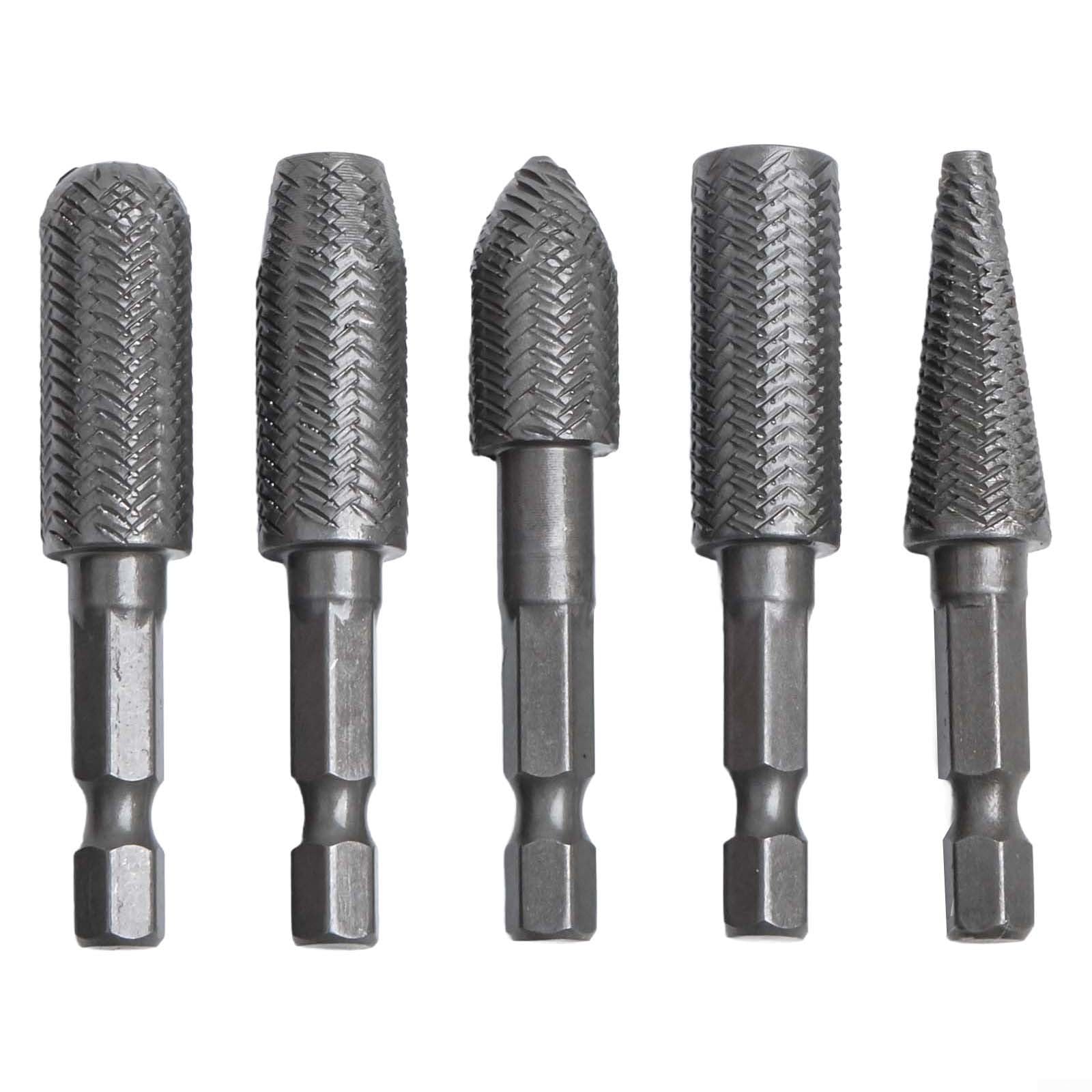 Vasiumic 5-Piece 6.35mm Hex Shank Rotary Steel File Drill Bits Set - Grinding Burrs for Milling, Filing, Shaping, Engraving Metal Steel