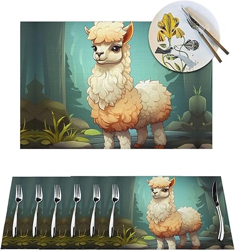 6 PCS PVC Placemats Set Place Mats Alpaca on Dark Background Non-Slip Weave Place Mats 12" x 18" Farmhouse Table Mat Set for Family Dinners Wedding