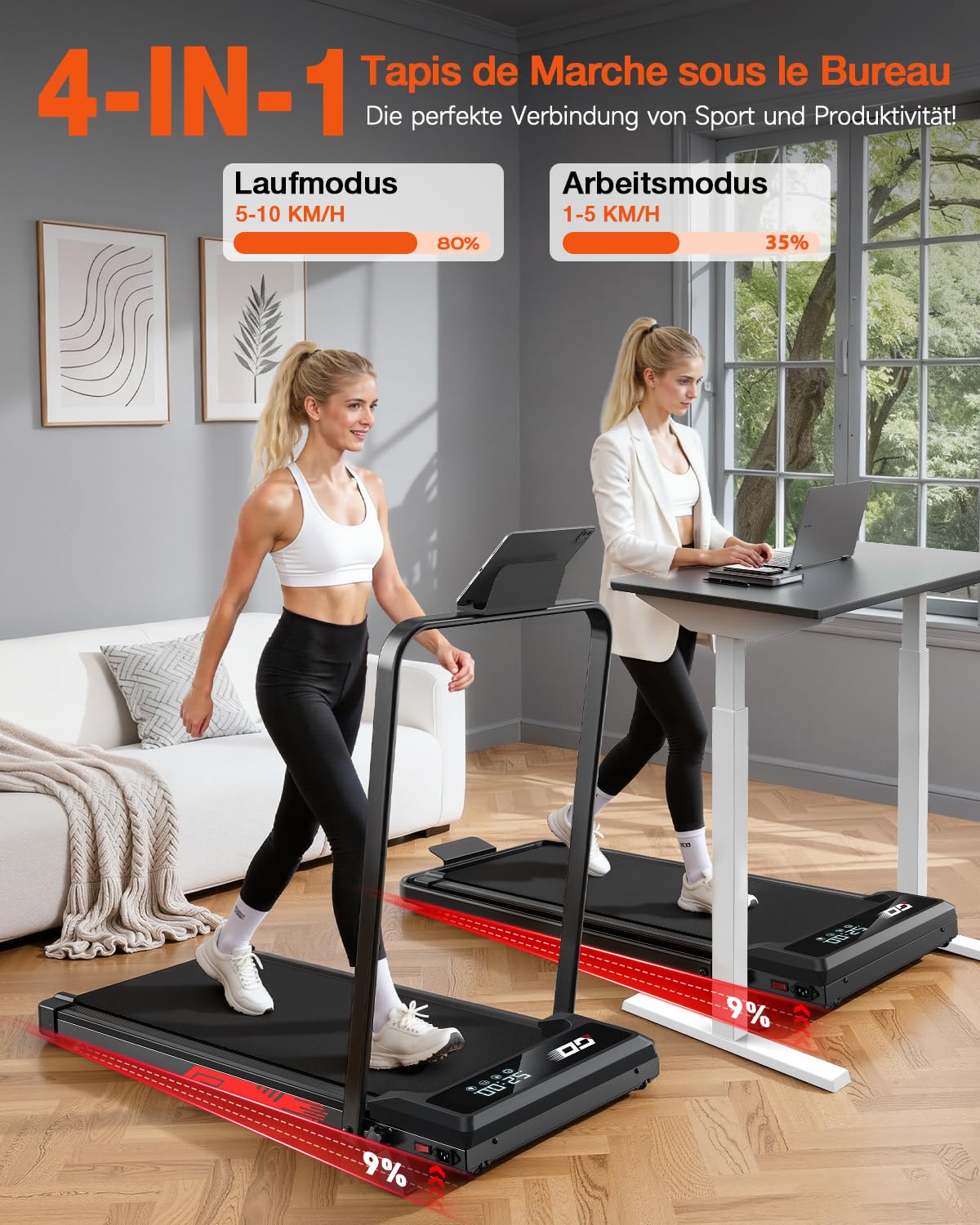 Laufband Klappbar 4-in-1 mit 9% Steigung, Elektrisches Laufband bis 10 km/h, Walking Pad Leise, 3,0-PS bürstenloser Motor, 140 kg, Stoßdämpfung, LED-Anzeige, kompakt, für Zuhause und Büro