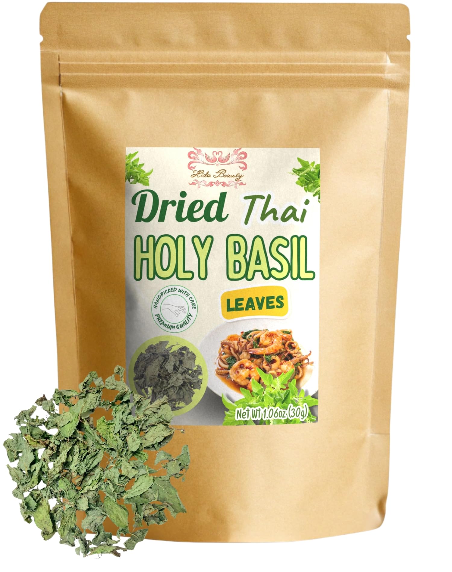 Hida Beauty Dried Thai Holy Basil Leaves 30g Whole Leaves for Stir-Fry & Spicy Dishes, Soups Asian Cuisines