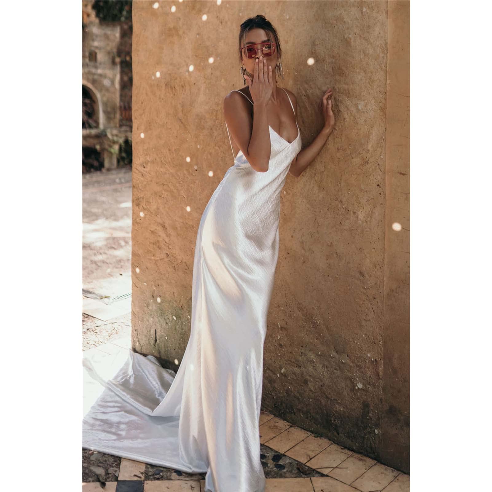 Boda V Cuello Boda sin Mangas Y Espalda Abierta Boda Satén Vestido de Fiesta Vestido de Noche