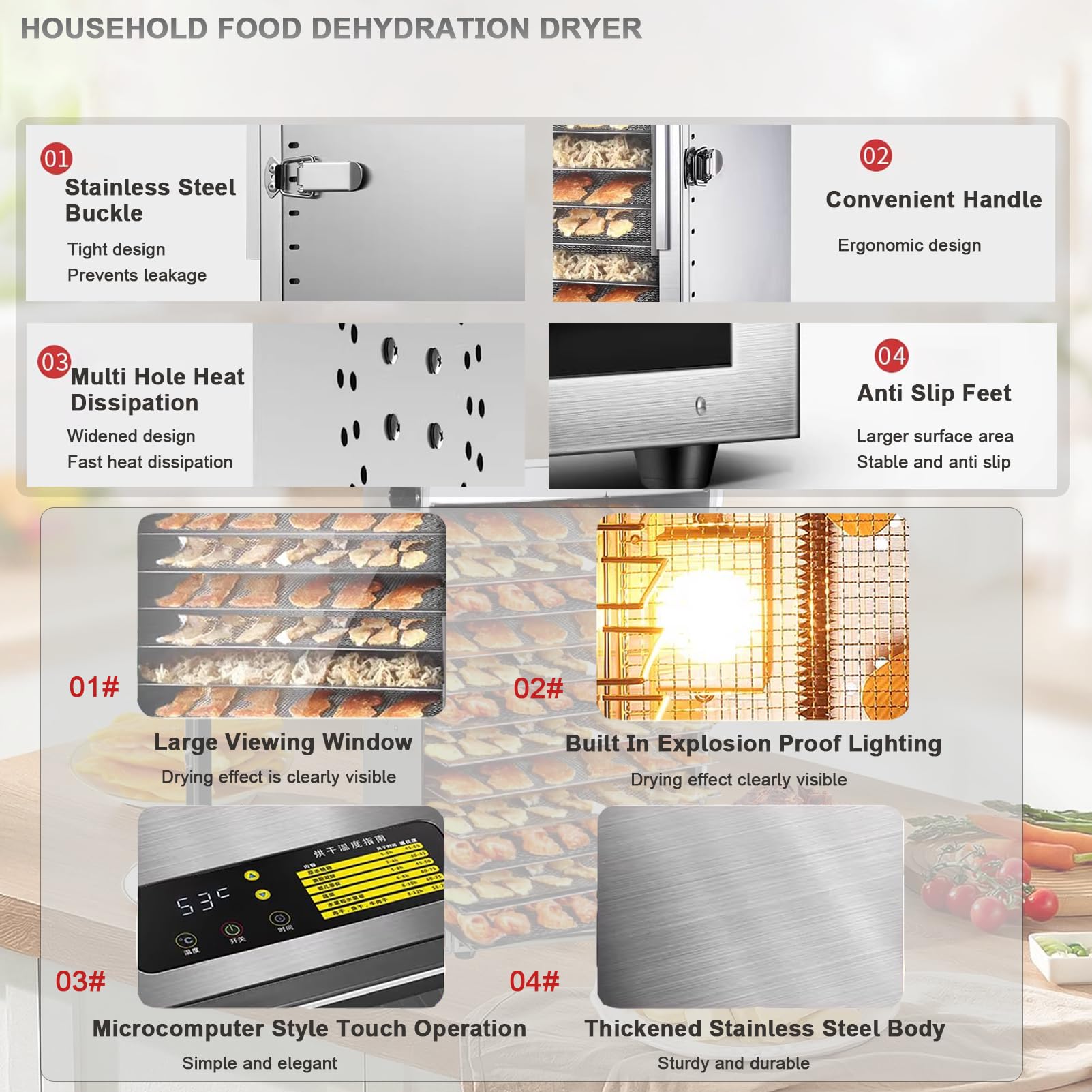 Deshidratador de alimentos premium 800W con bandejas de acero inoxidable, temporizador 24H y control de temperatura, operación silenciosa para frutas secas saludables Verduras carne descabalda, diseño