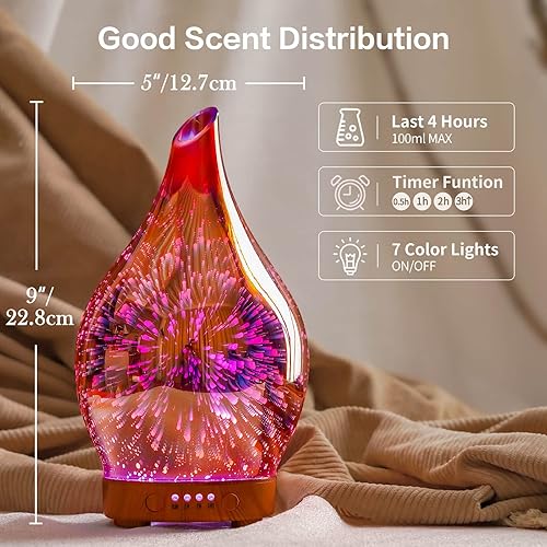 Miniatura 3 de Porseme Difusor de aceite esencial 3D de vidrio de fuegos artificiales humidificador ultrasónico de aromaterapia oro rosa, apagado automático,