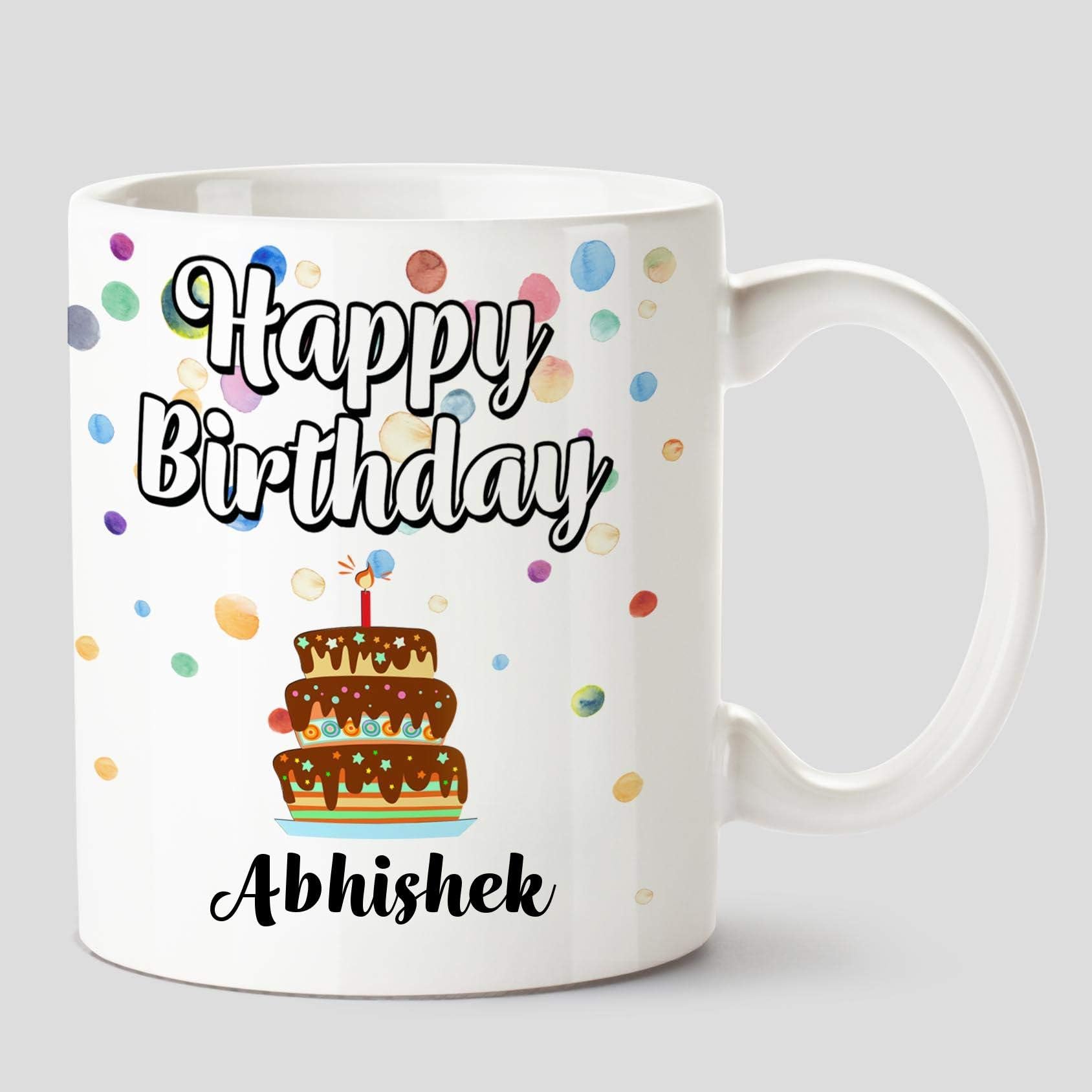 HuppmeHappy Birthday Abhishek Name Ceramic White Coffee Mug - 330 ml