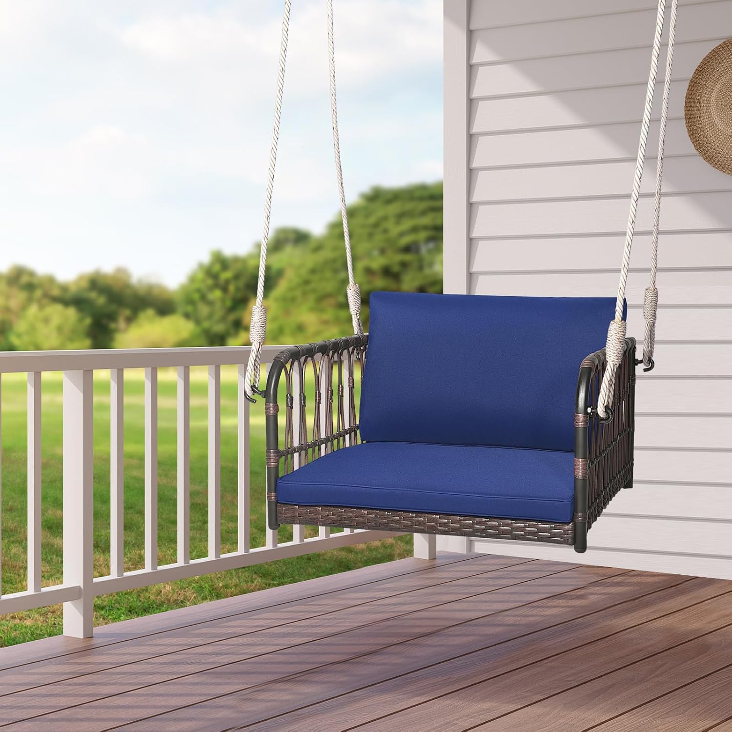 HAPPYGRILL Porch Swing Chair, Rattan Woven Hanging Seat with Hanging Ropes, Cushions Hooks, Wicker Hanging Swing Bench for Porch Lawn Garden Backyard Balcony