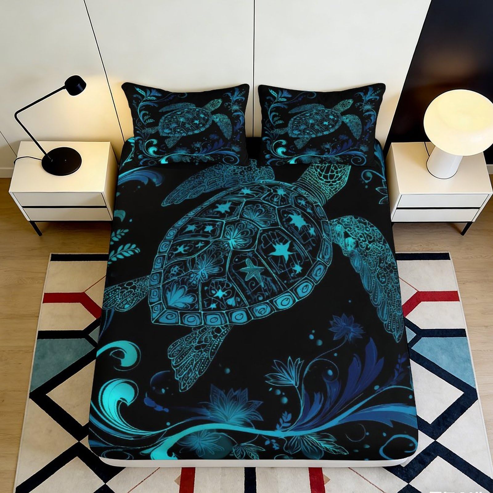 3D Printed Blue Sea Turtle Fitted Sheet Microfiber Soft Breathable Ocean Floral Mattress Cover for Bedroom Decor 140x200x25cm