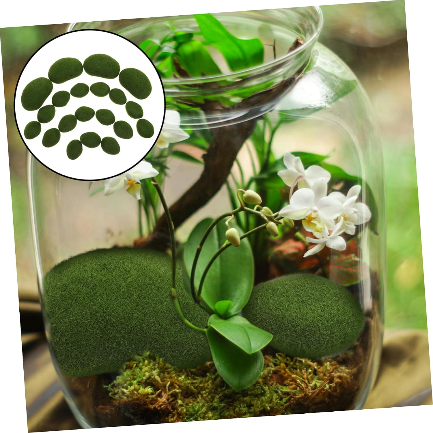 TEHAUX 20pcs Faux Moss Rocks Decorative Green Balls for Floral Arrangements Fairy Gardens and Crafting Lifelike Artificial Stones for Home and Office Decor