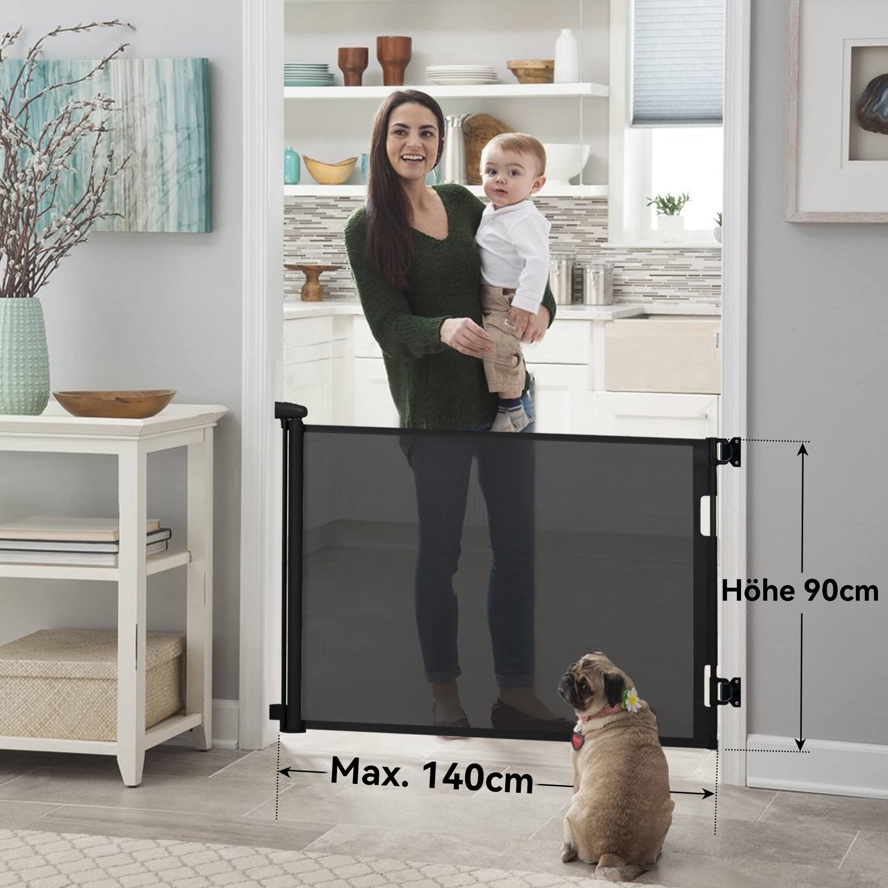 Hawthyhome Treppenschutzgitter Türschutzgitter Ausziehbar 0-180CM, Kinderschutzgitter,Schutzgitter Treppe für Babys und Haustiere Geeignet für Treppen, Türen, Terrasse （Schwarz-180CM