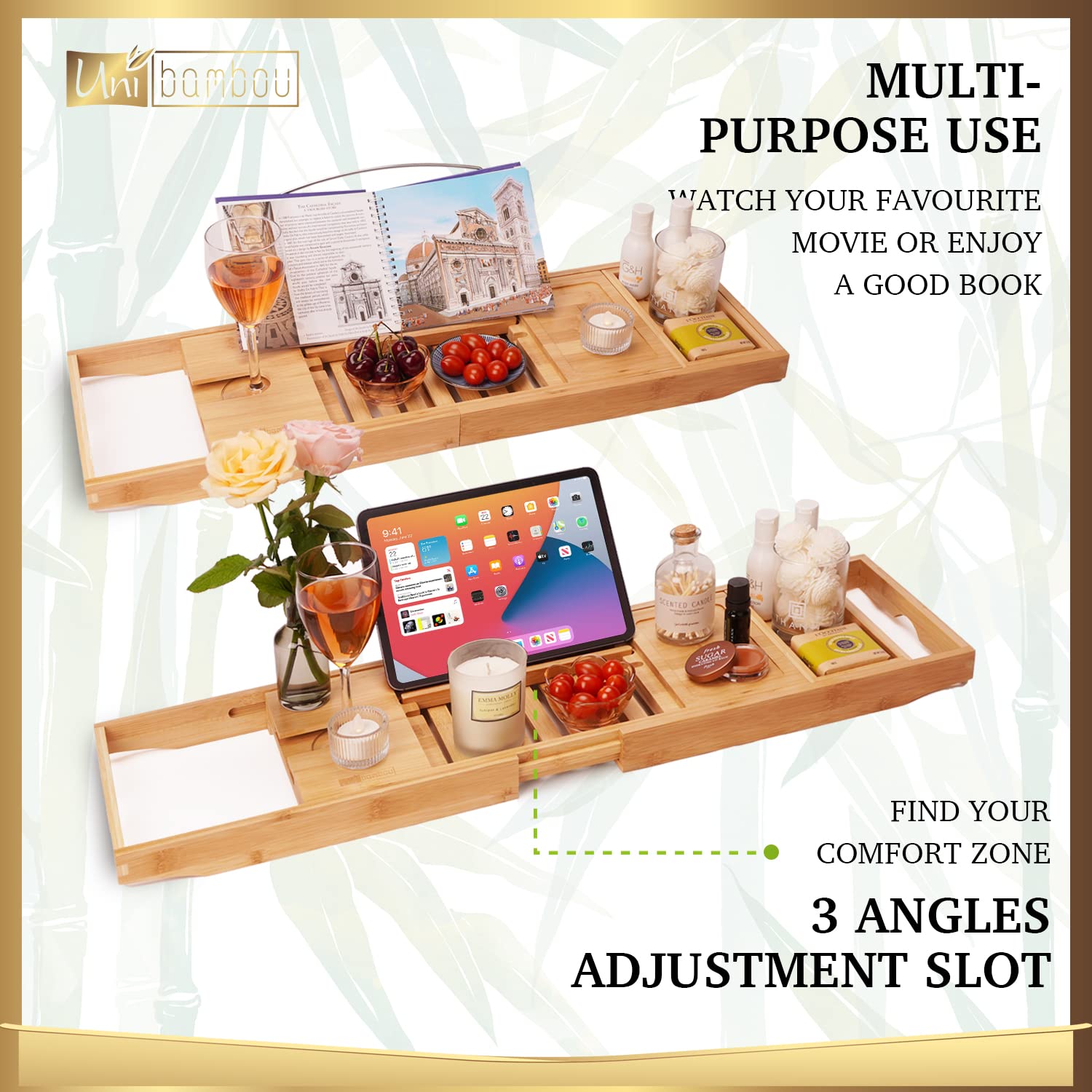 Bamboo Bathtub Caddy Tray for Luxury Bath, Expandable Bath Tray for Tub with Book and Wine Holder- Gift Idea for Loved Ones