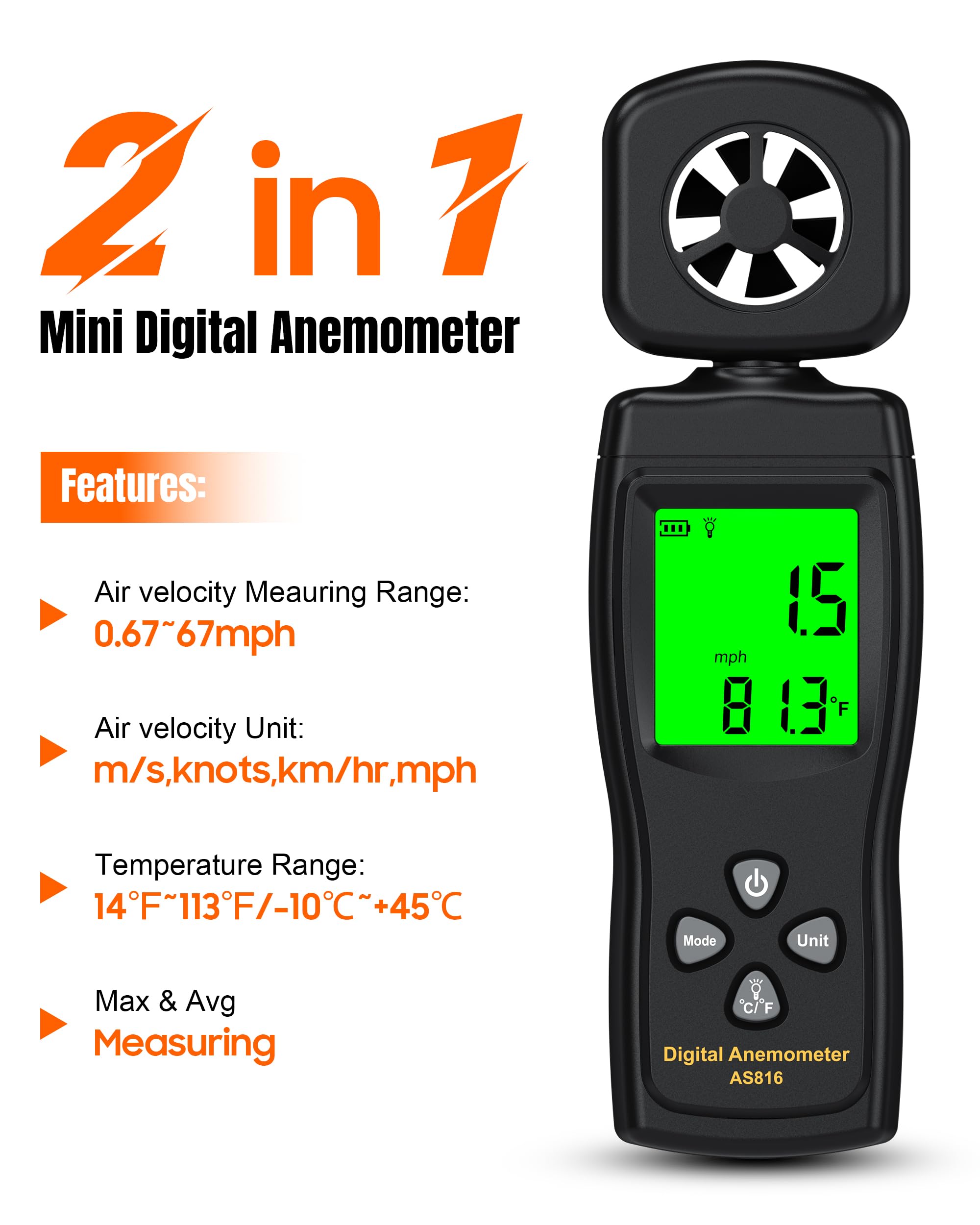 NOPWOK Anémomètre numérique portable 3 en 1 - Mesure de la vitesse du vent de haute précision - Avec rétroéclairage - Pour HAVC, voile, pêche