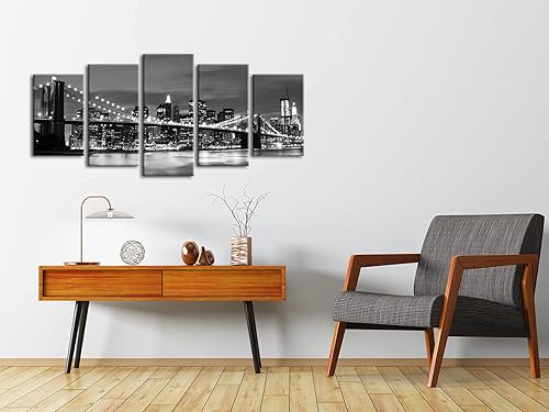 Miniatura 3 de Wieco Art New York Brooklyn Bridge - Lienzo para pared vista nocturna 5 paneles de arte de paisaje moderno impresiones abstractas para foto lienzo
