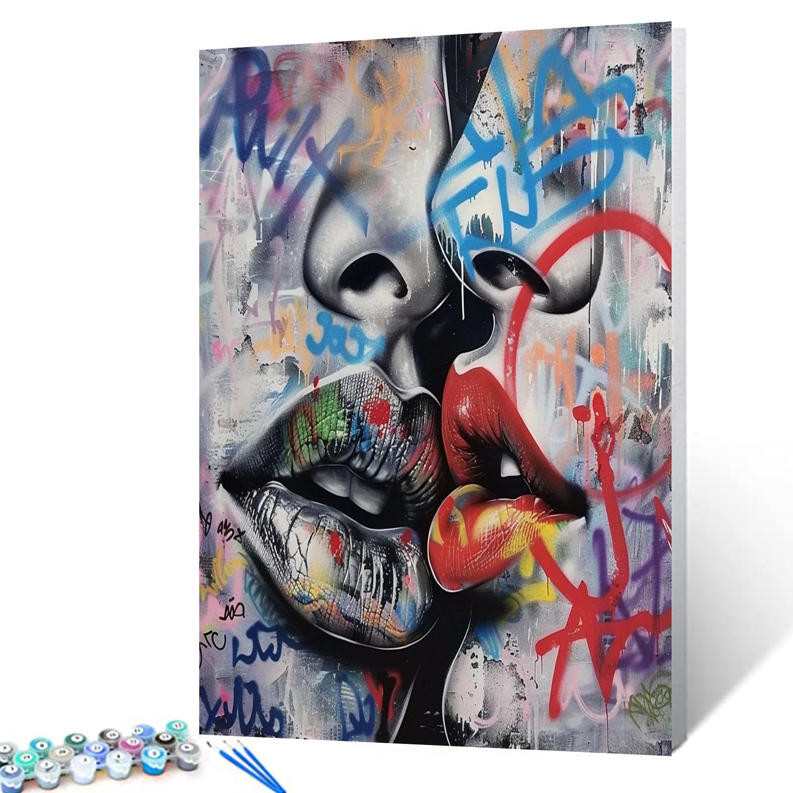 Tucocoo Couple Kissing Graffiti DIY Oil Painting by Numbers for Adults Wall Decor Gift 16''x20'', Artwork-03, ( DIY Frame)16W''x20H''