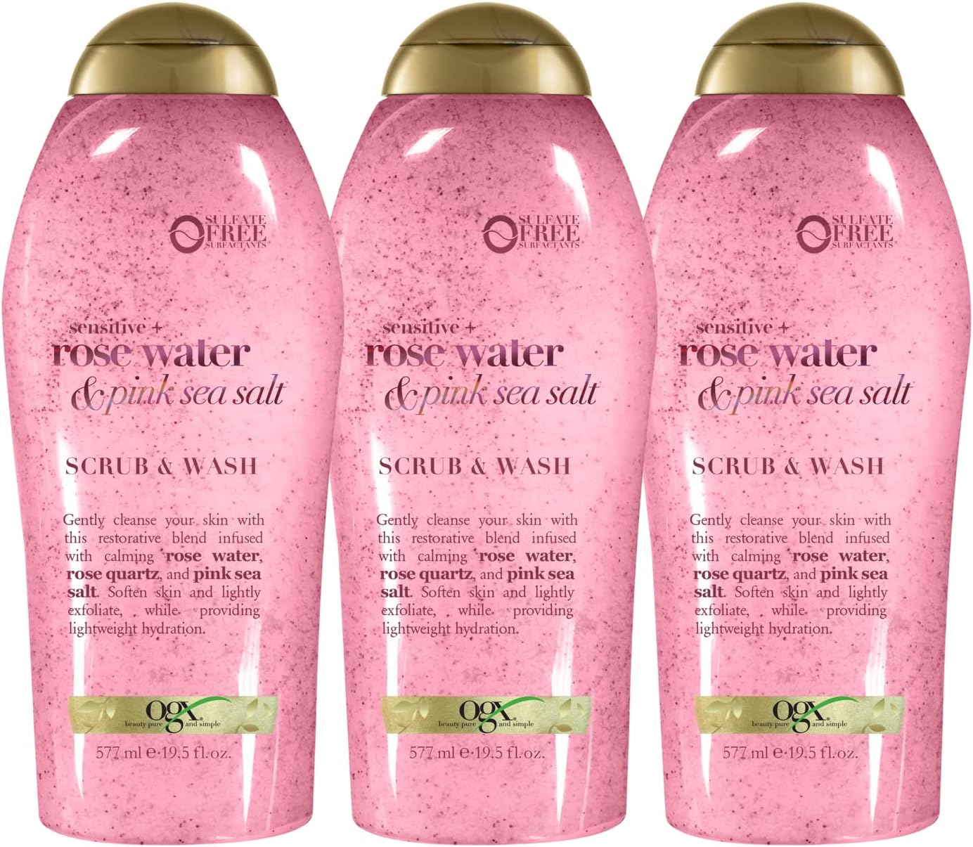 OGX Sensitive + Pink Sea Salt & Rosewater Sulfate-Free Soothing Body Scrub with Healing Rose Quartz, Gentle Exfoliating Daily Body Wash to Soften & Smooth Skin, 19.5 Fl Oz (pack of 3)