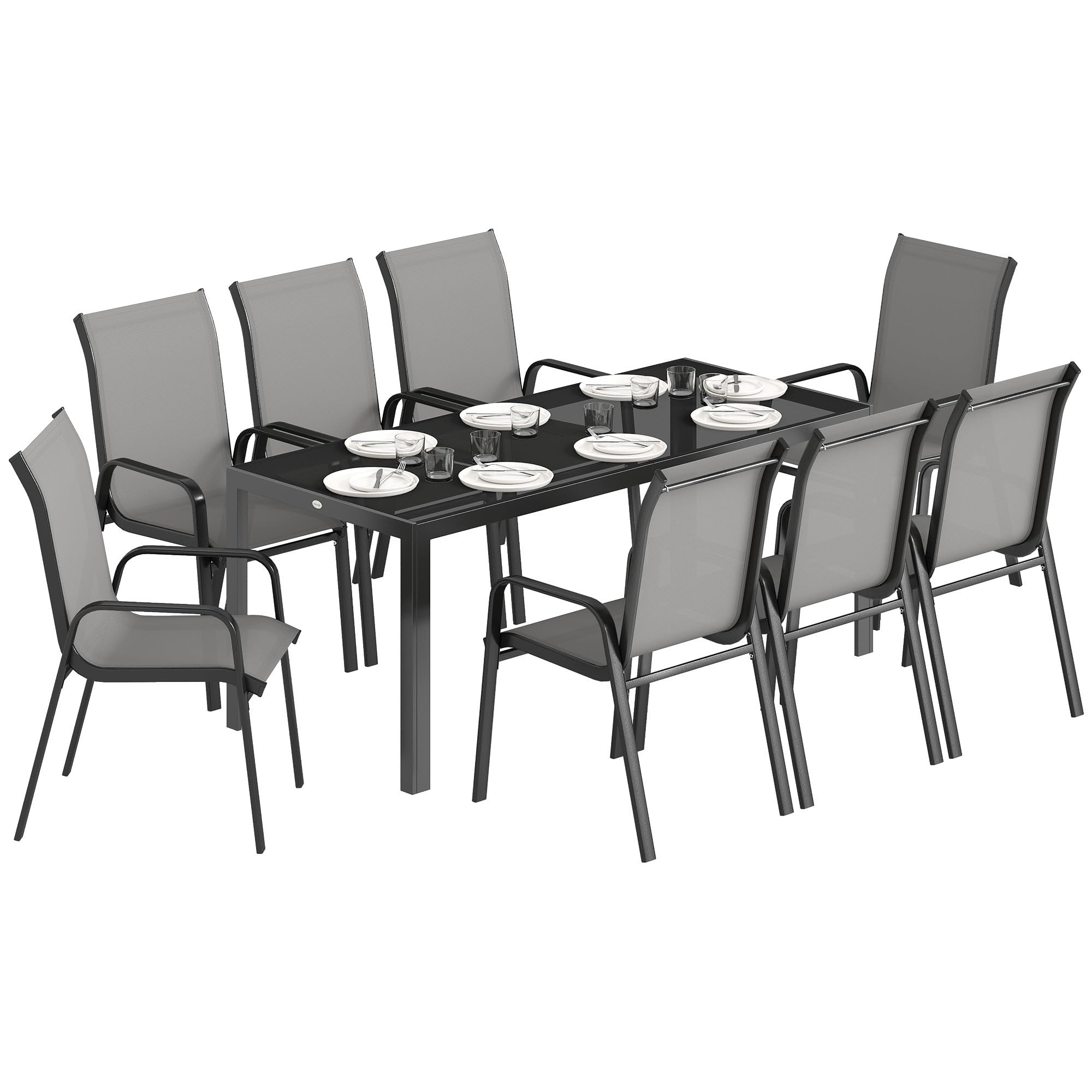 Outsunny Set Tavolo e Sedie da Giardino 9 Pezzi, Set Pranzo Esterno con Tavolo in Vetro Temperato, 8 Sedie Impilabili in Texteline, Set Mobili da Giardino per Terrazza Balcone Patio, Grigio Chiaro