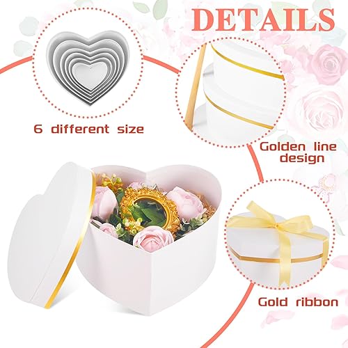 Miniatura 3 de Harloon 6 cajas en forma de corazón para flores con tapas y cinta, cajas de regalo para el día de la madre, cajas de regalo de papel anidable para