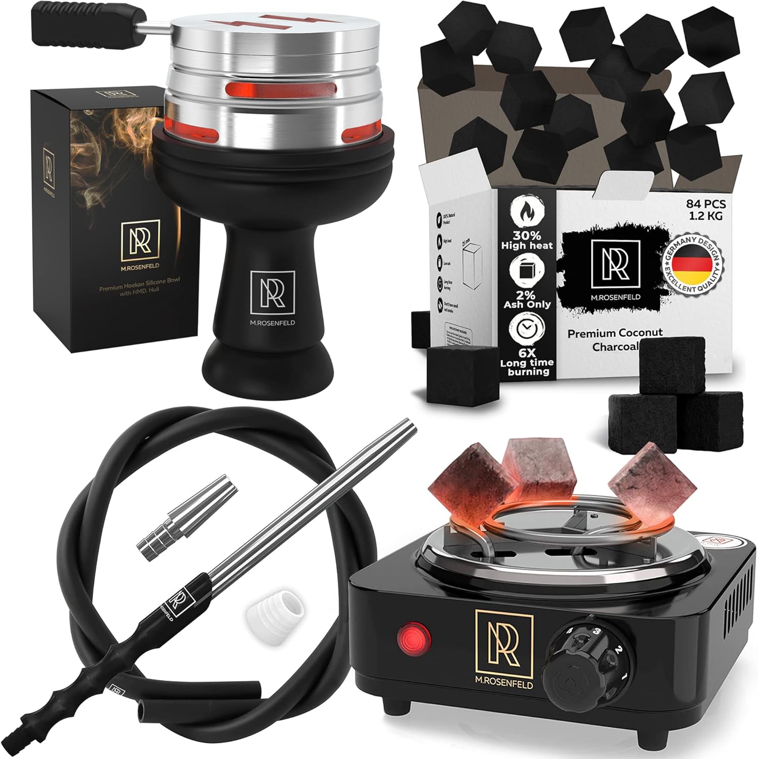 M. ROSENFELD Hookah Hose with Mouthpiece 60" & Hookah Bowl Set Silicone & Coal