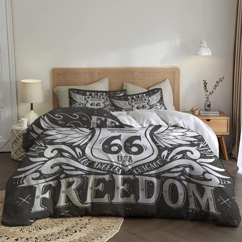 NIBAINLO 布団カバー自由を感じさせるルート66のヴィンテージテーマの黒背景 肌に優しい ピーチスキン加工 掛け布団カバー 和式 洋式 あったか 布団カバーセット リバーシブル ホームステイ ホテル 家庭兼用