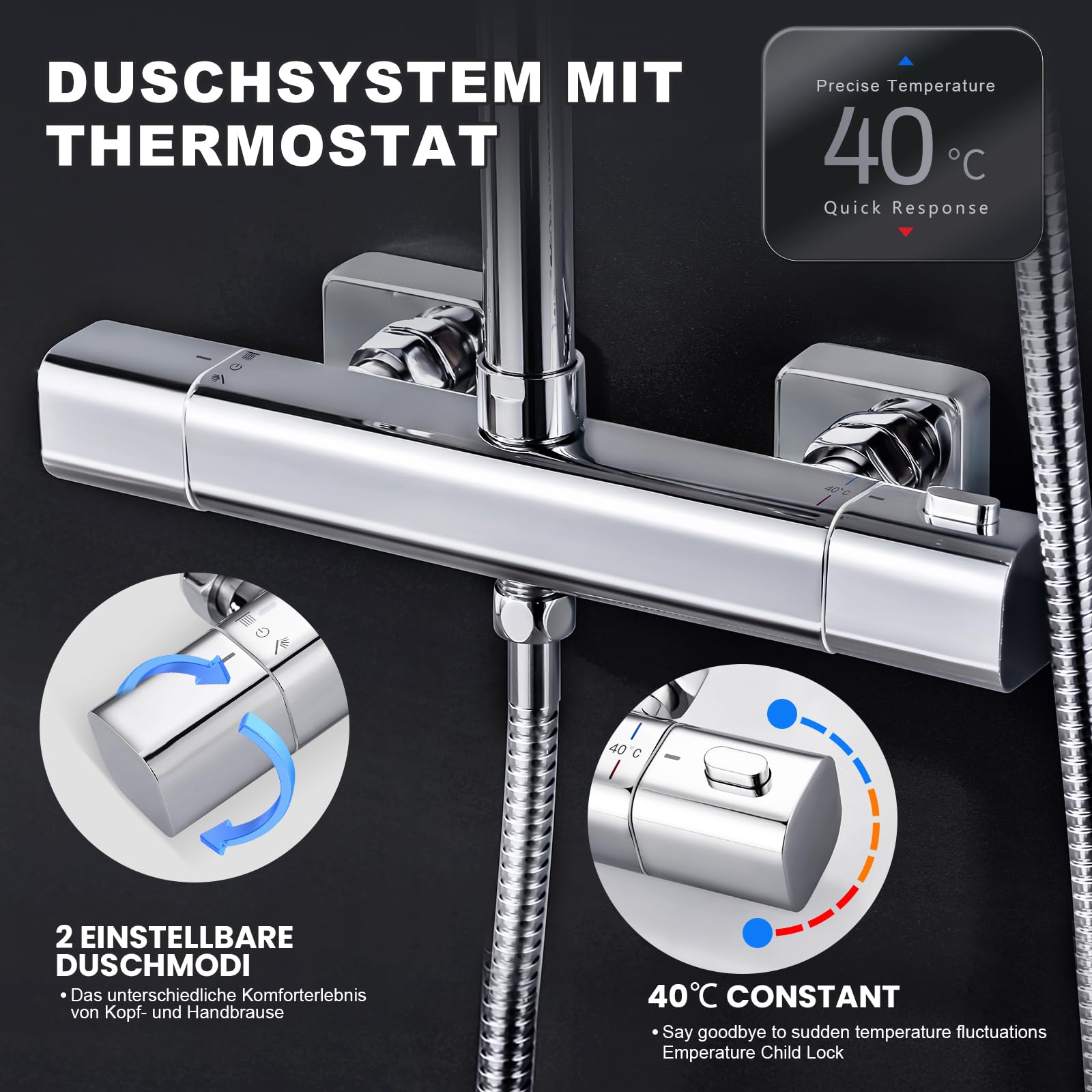 Columna Ducha Termostática, Duchas de Baño Conjunto 300mmx300mm con Rociador, Alcachofa Ducha Lluvia y 3 Tipos Duchas de Baño, Barra de Ducha Altura Adjustable,Cromado