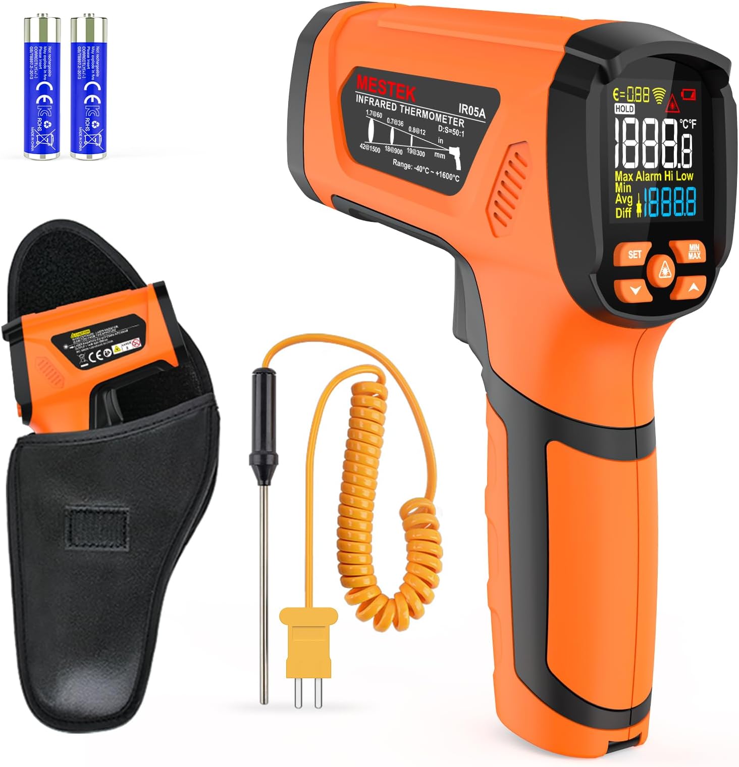 Infrared Thermometer Temperature Gun -40℉~2912℉, High Temp Thermometer with Thermocouple Probe, Non-contact Digital Laser Thermometer Gun 50:1 Pyrometer for Industrial HVAC Forge Metal Smelting