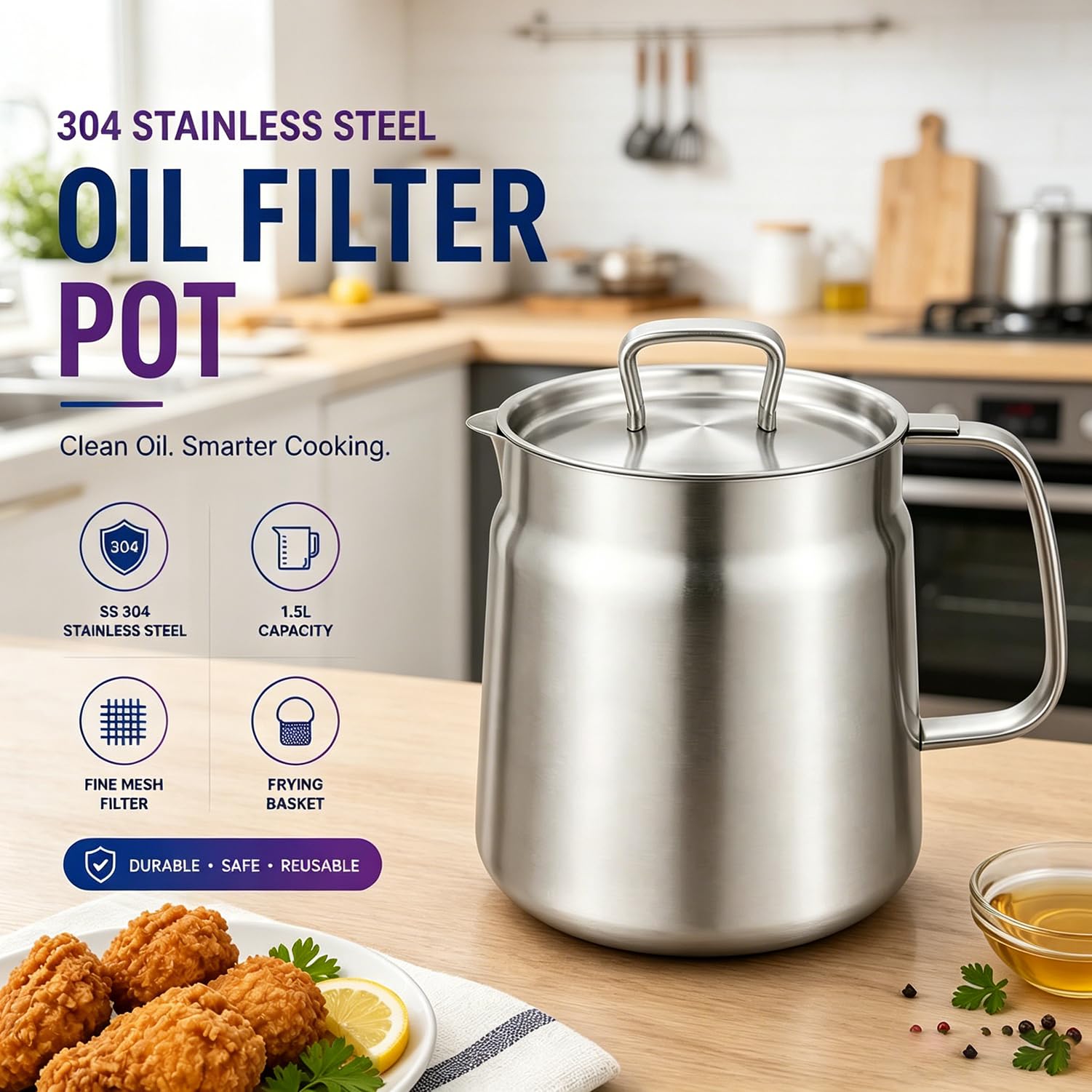 Olla coladora de aceite de acero inoxidable 304 2 en 1 con cesta para freír, recipiente multifuncional de grasa de cocina para una fácil cocción y almacenamiento (2.0L/70 onzas)