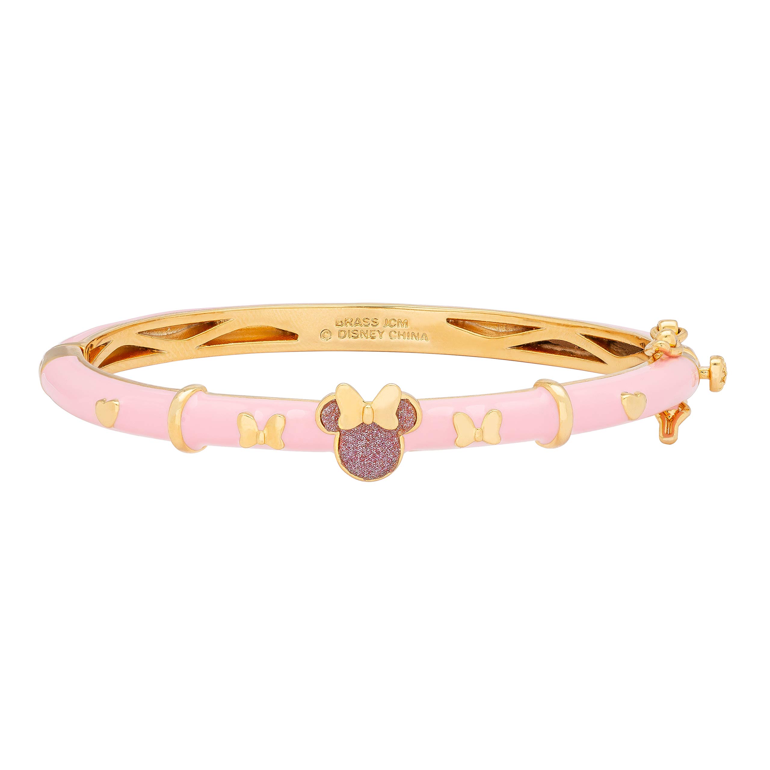 DisneyMinnie Mouse Jewelry for Women and Girls, Yellow Gold Plated Pink Enamel and Glitter Bangle Mickey's 90th Birthday Anniversary