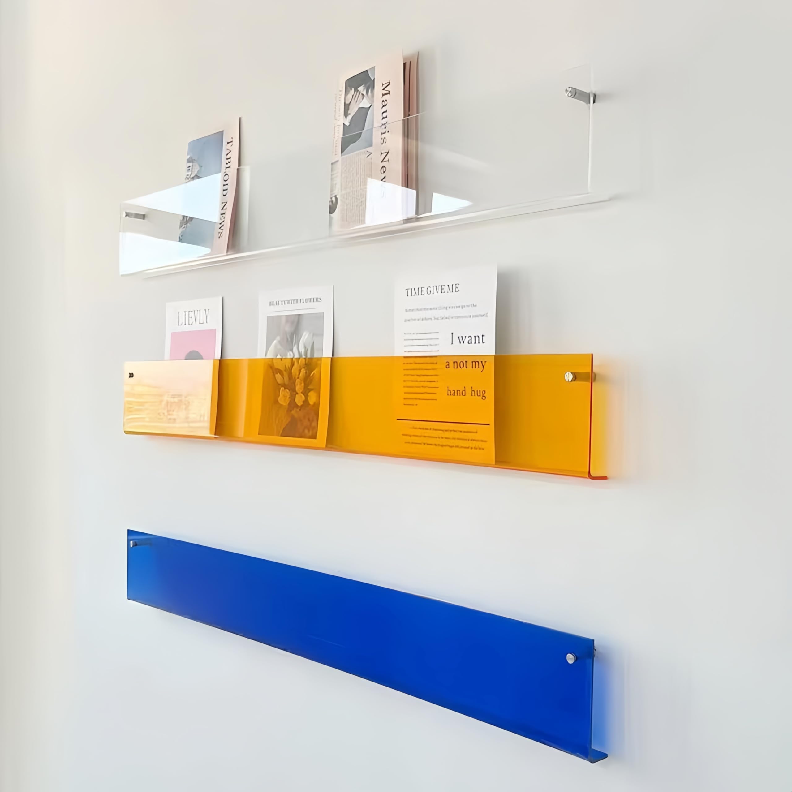 2 Stück Acryl regalZeitschriftenhalter wand,Wand-hängendes Bücherregal für die Ausstellung von Zeitschriften im Wohnzimmer-Büro mit Montagepaket (Blau, 60cm)