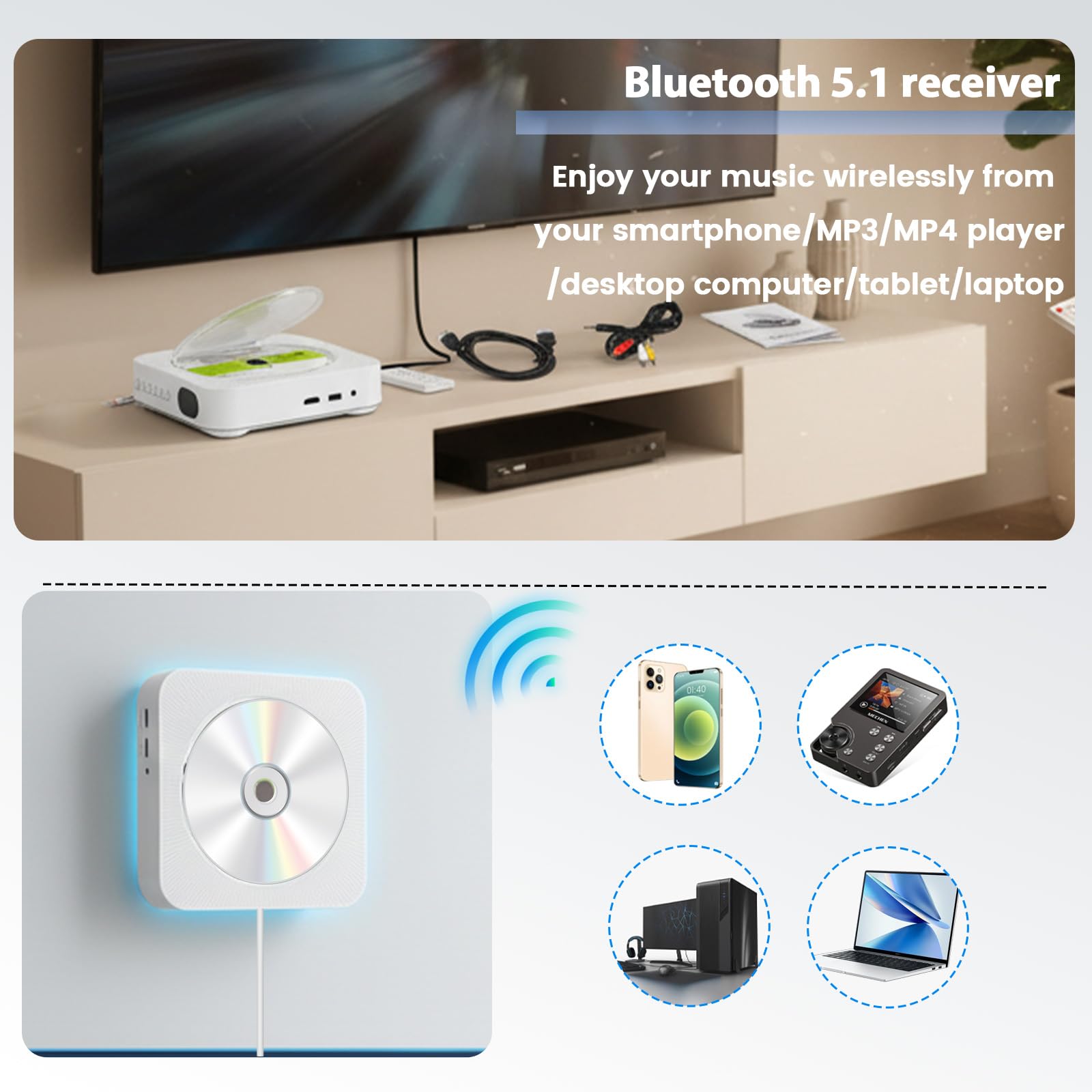 Lettore DVD per TV e Lettore CD con Bluetooth Lettore DVD | Lettore DVD/CD Portatile con cavo HDMI e AV Memoria, del punto di interruzione, Altoparlante HiFi Integrato, FM Radio