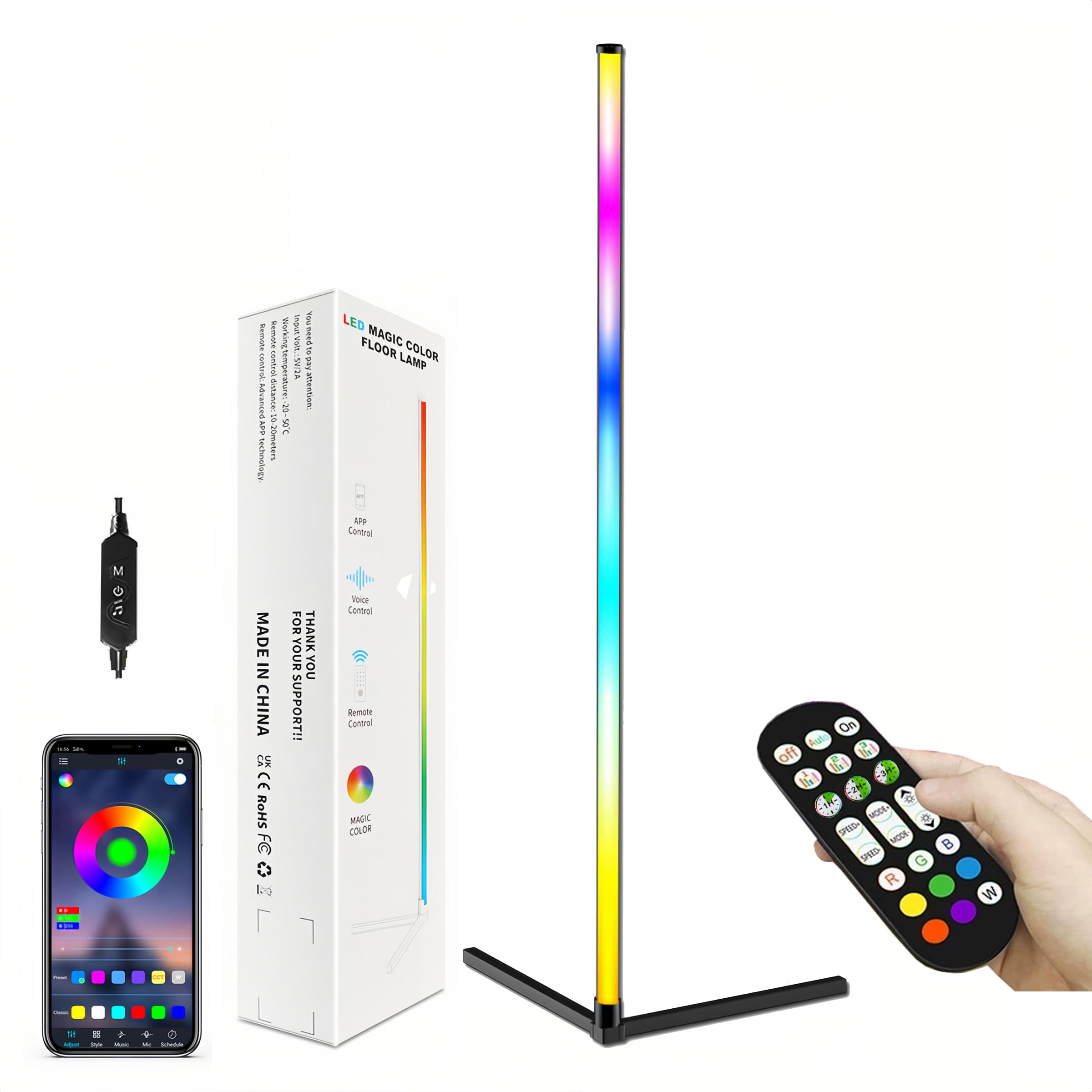 ThreeH Lampada d'angolo a LED con APP e telecomando Luce d'ambiente con impostazione del timer di sincronizzazione musicale Lampada da terra RGB alta 85 cm
