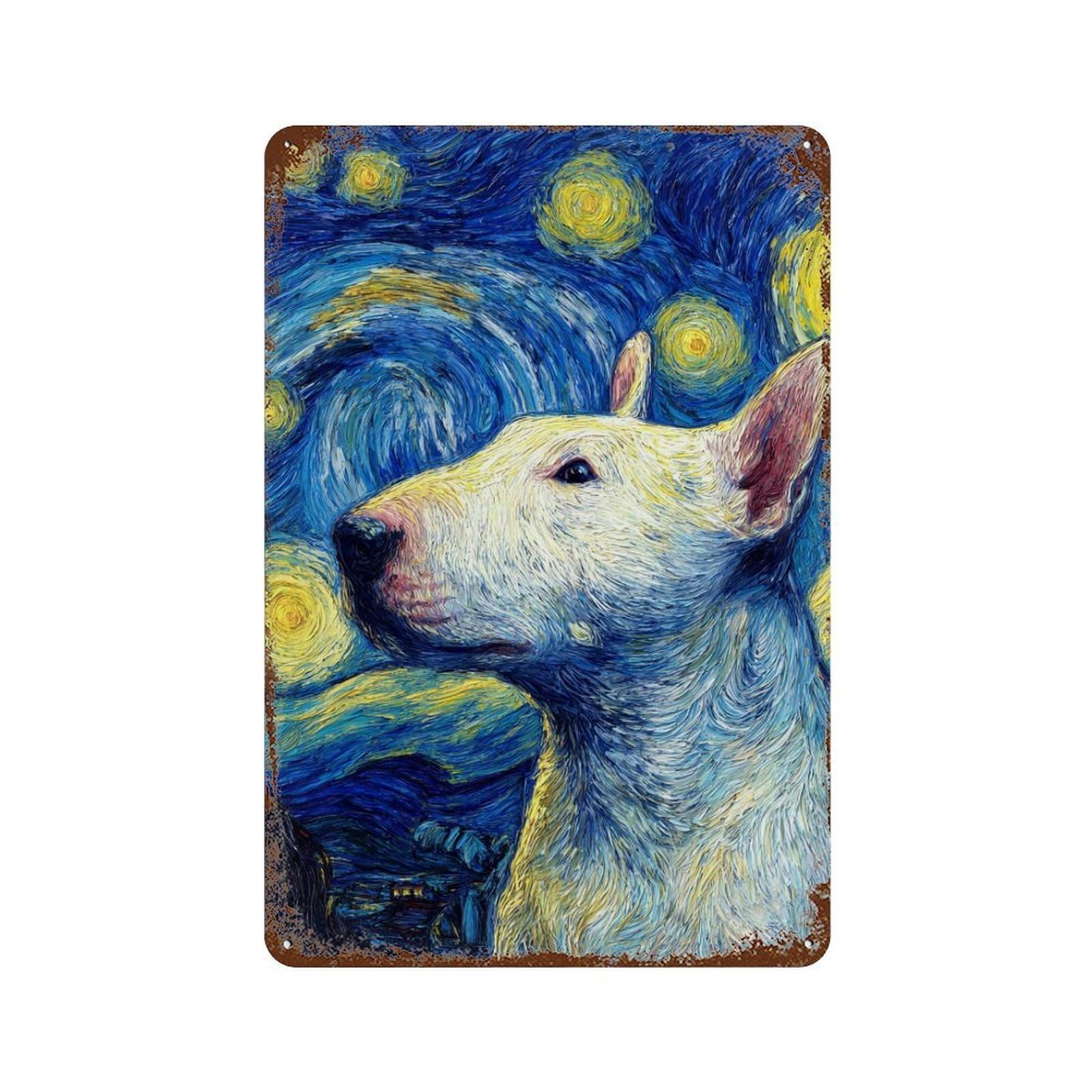 Decorative Tin Sign with Starry Night Bull Terrier Art Print -1 Design 11.8"x7.9", for Farmhouse, Kitchen And Entryway Decor, Old School Wall Decor