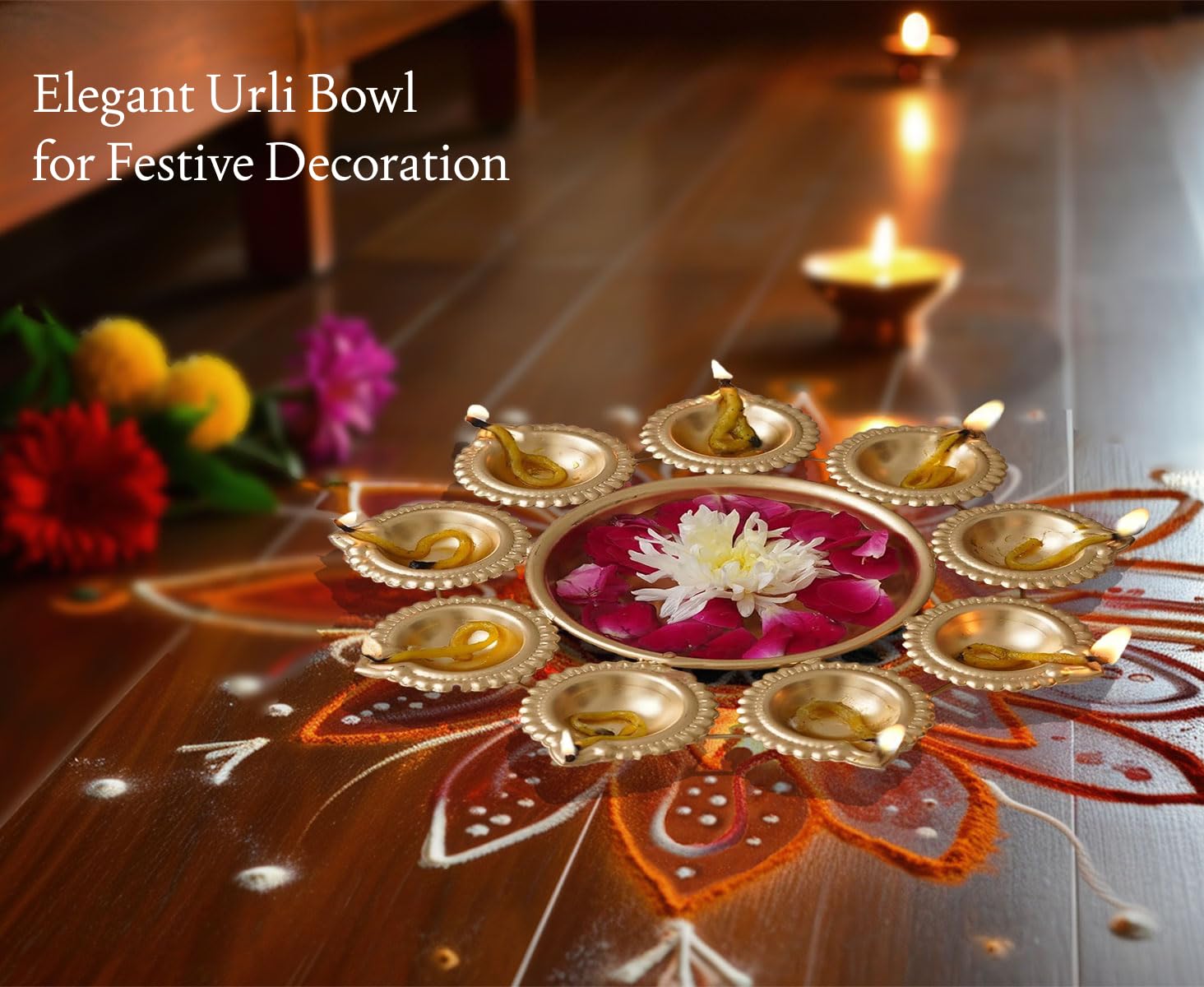 Decorative Urli Bowl Diwali Diyas Handcrafted for Floating Flowers and Tea Light Candles Home, Office and Table Decor| Beautiful Diwali Decoration Items (12.2 Inches)