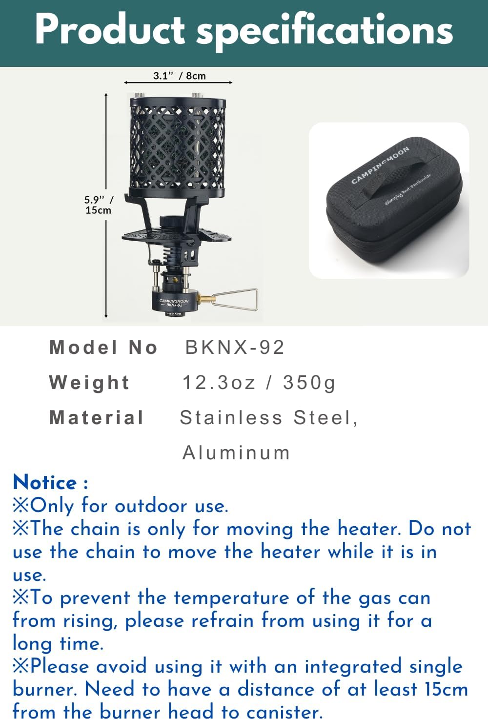 CAMPINGMOON T-HEATER GASWARE Gas Heater Propane Isobutane for Camping Outdoor Collaboration Limited Edition with EVA Case (BKNX-92)