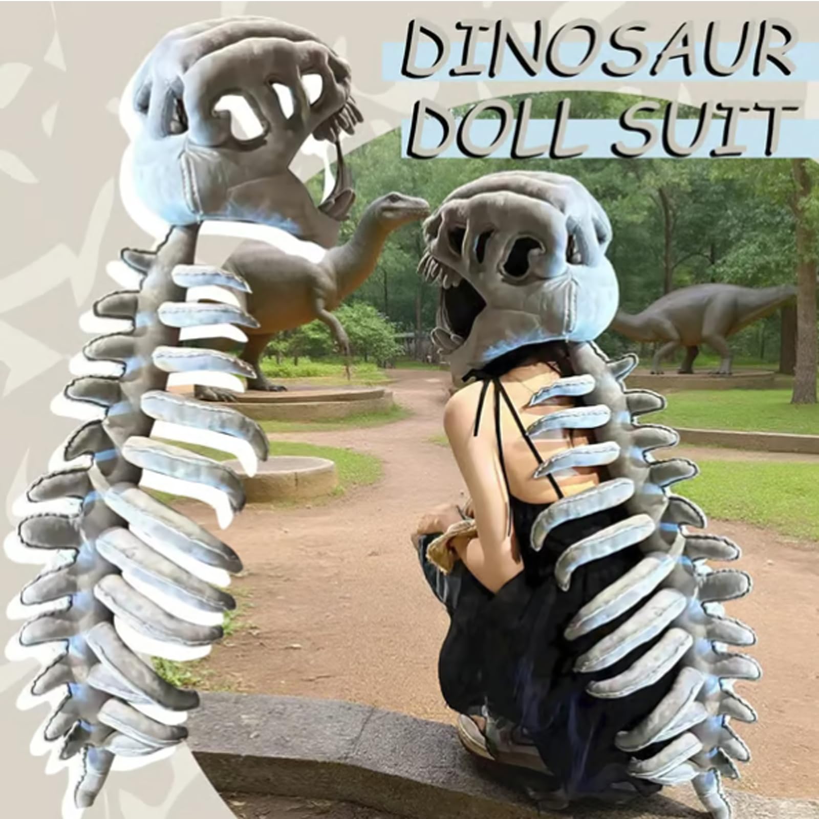 Silly Dino Plush Skeleton, Dinosaur Skeleton Costume with 3D Spinosaurus Skull Mask for Dress-Up, Party Fun — view 2