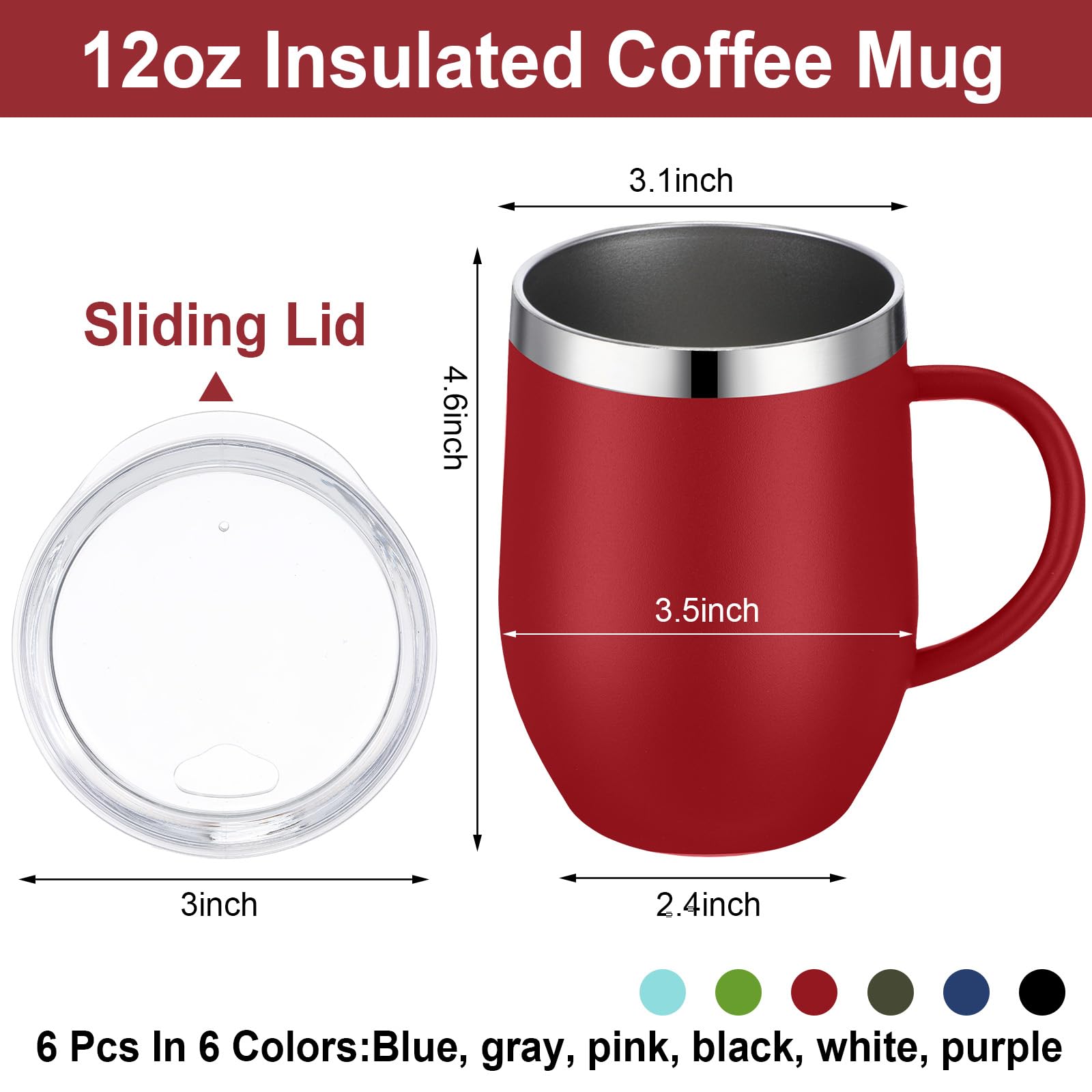 Suclain 6 tazas de café aisladas de 12 onzas con asa, de acero inoxidable, taza de café aislada a granel, taza de viaje de doble pared al vacío con tapa deslizante, taza térmica de viaje (colorido)