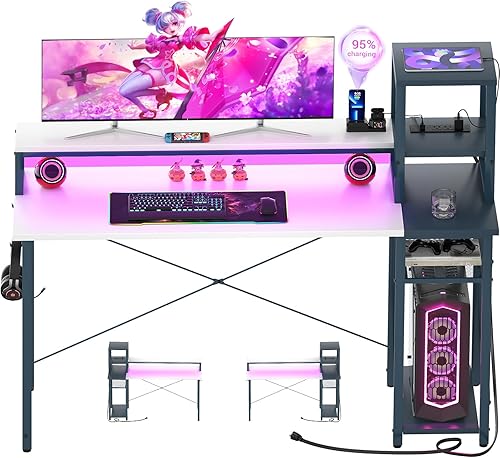 Miniatura 9 de armocity Escritorio para juegos actualizado 2024 con luces LED, escritorio pequeño para computadora con soporte largo para monitor, mesa reversible