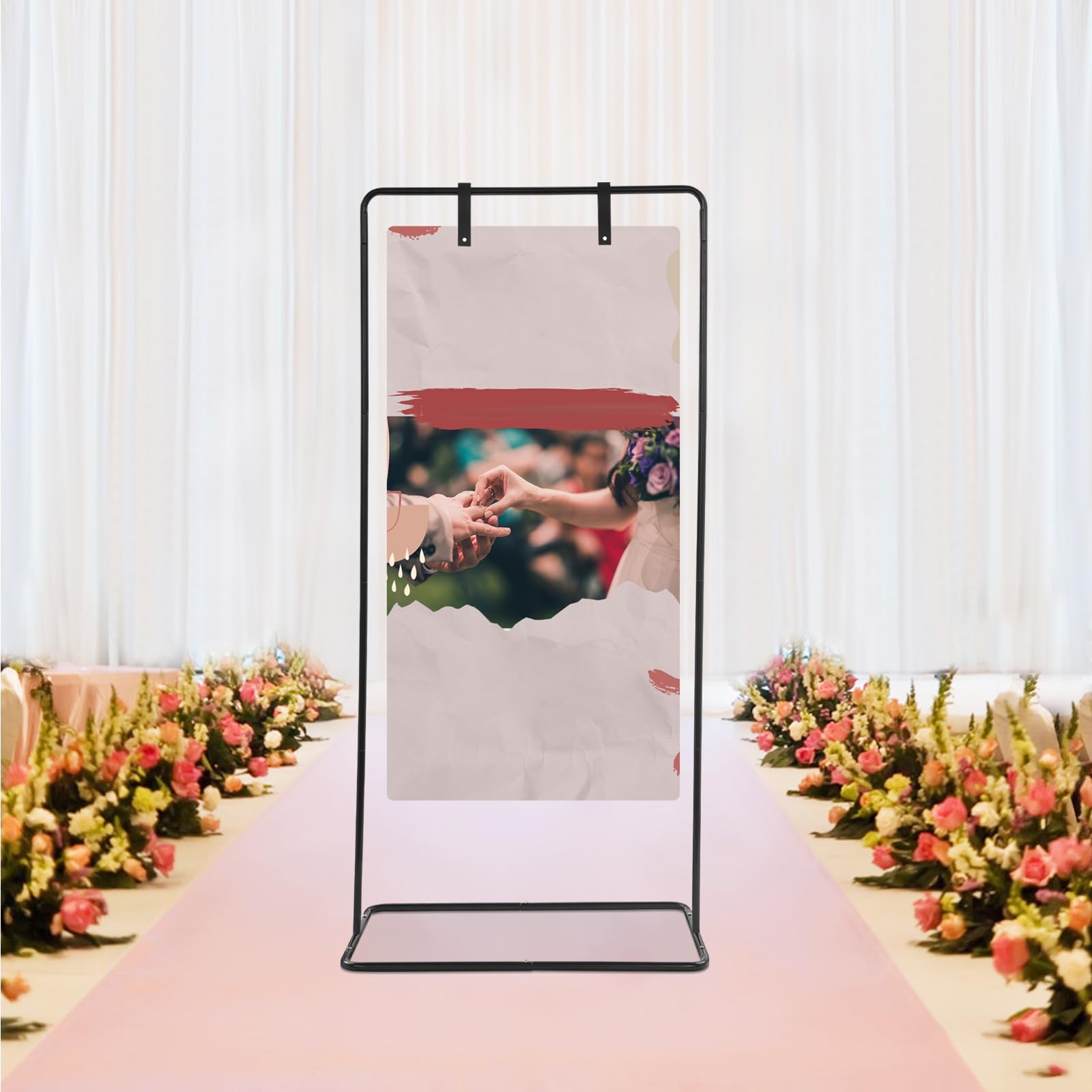 schwarzer Ständer für Hochzeitsschilder 80 × 50 × 175 cm verstellbar Willkommensschild unsere Hochzeit verstellbarer Ständer mit 2 schwarzen und 2 weißen Schnallen Hochzeitsfeiern