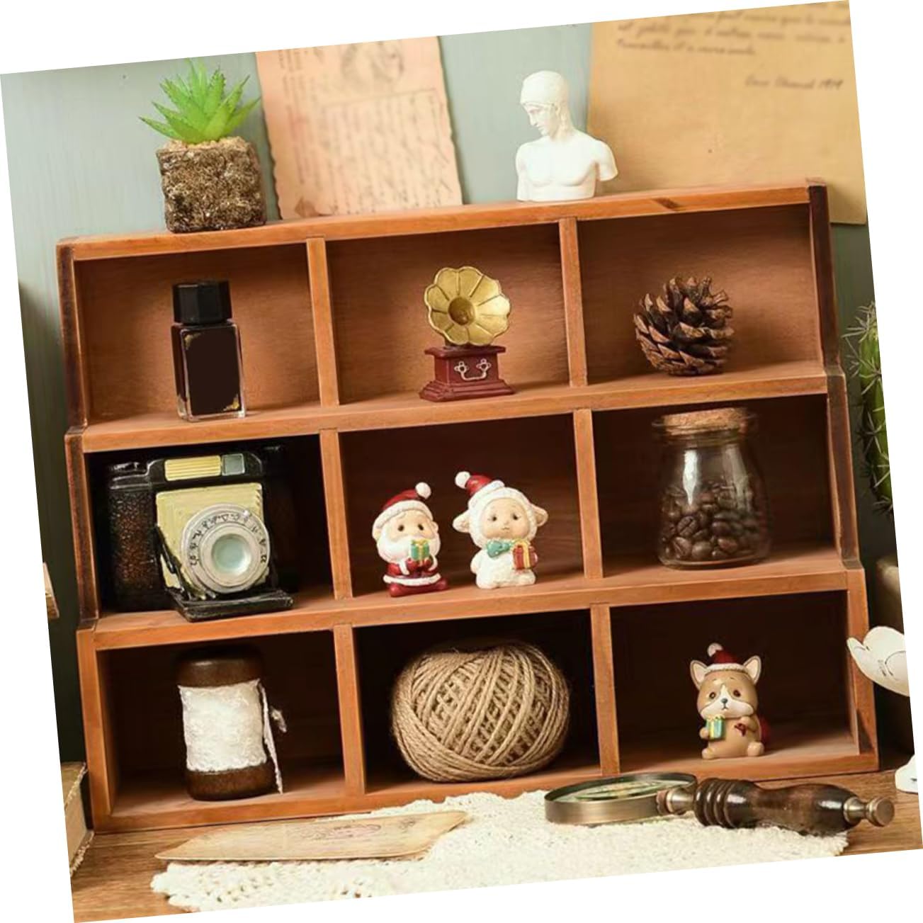 Zerodeko Wood Display Rack 9 Compartments Vintage Design Solid Wood Multi-Functional Storage for Toys Action Figures and Jewelry Wall-Mount or Desktop Use