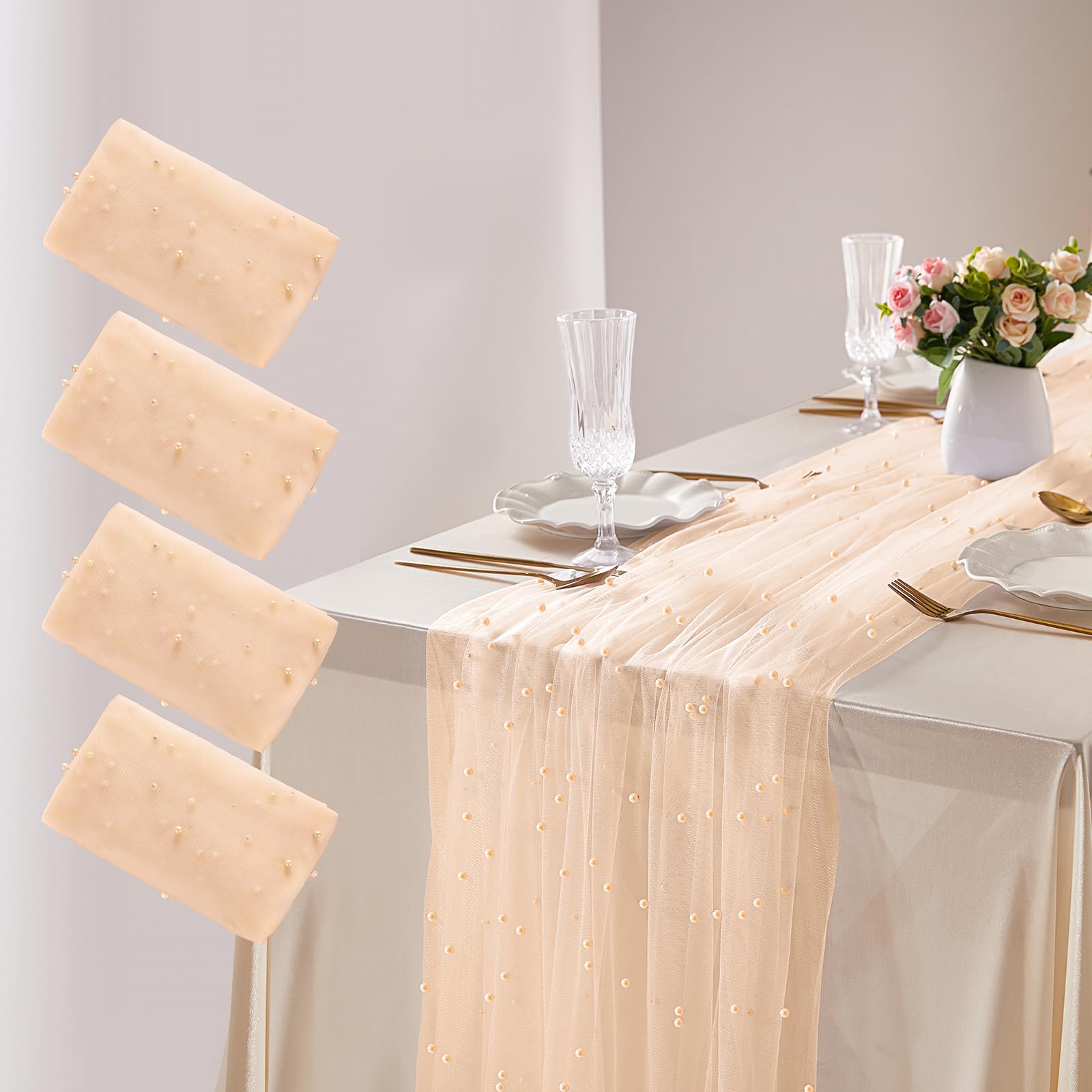LJIE-House4 Pieces 60x120 Inch Pearl Tulle Table Cover Champagne Rectangle Table Cloth Chiffon Fabric Dessert Tablecloths for Graduation Wedding Ceremony Reception