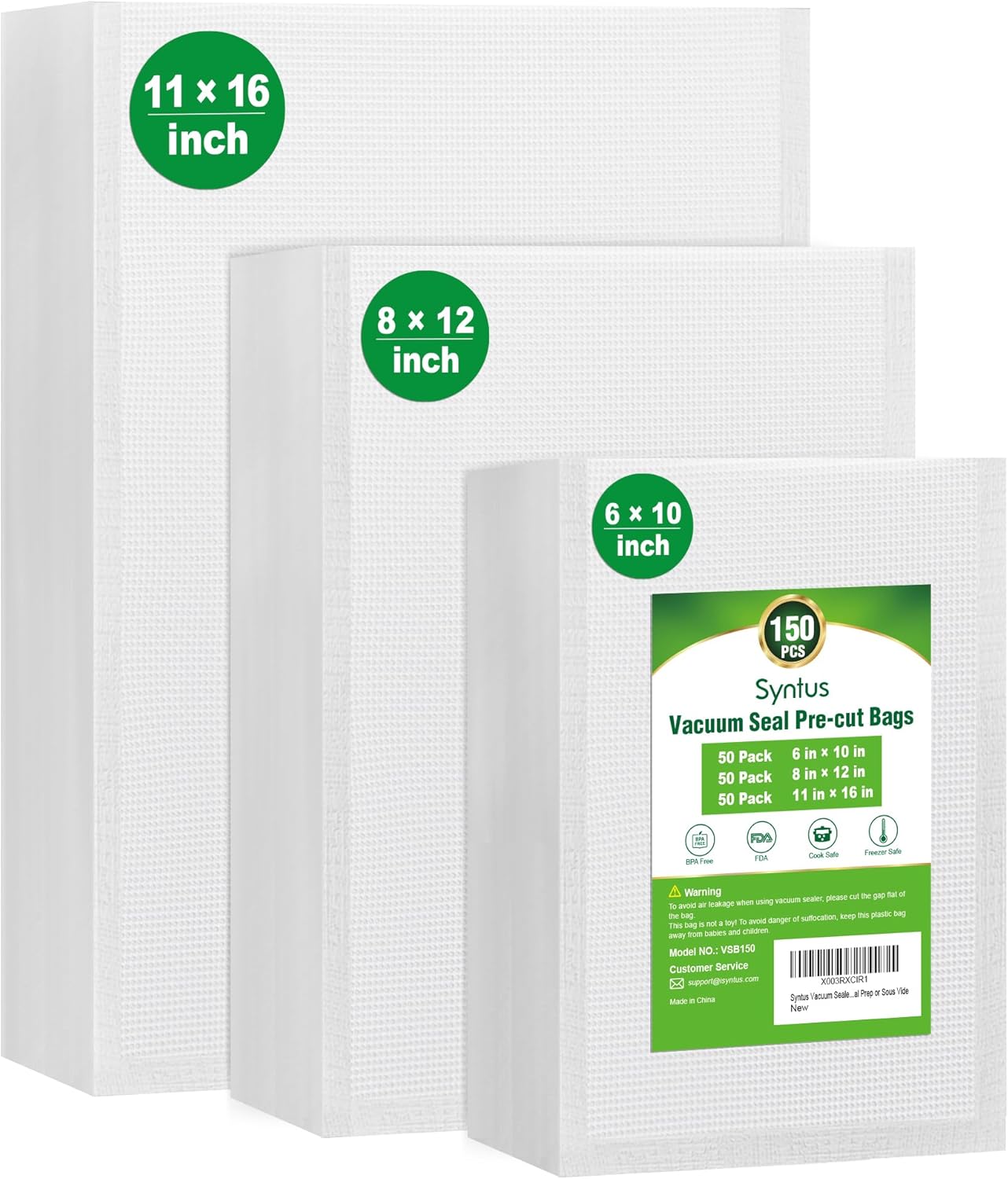 Syntus Vacuum Sealer Bags, 150 Gallon 11" x 16" and Quart 8" x 12" and
