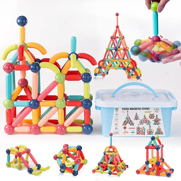 COUOMOXA Magnetic Sticks STEM for Kids: 3 4 5 6 7 8+ Year Old 110pcs Educational Magnetic Construction Set - Learning Toy for 3-12 Kids Classroom Home - Birthday Gift for Boys Girls