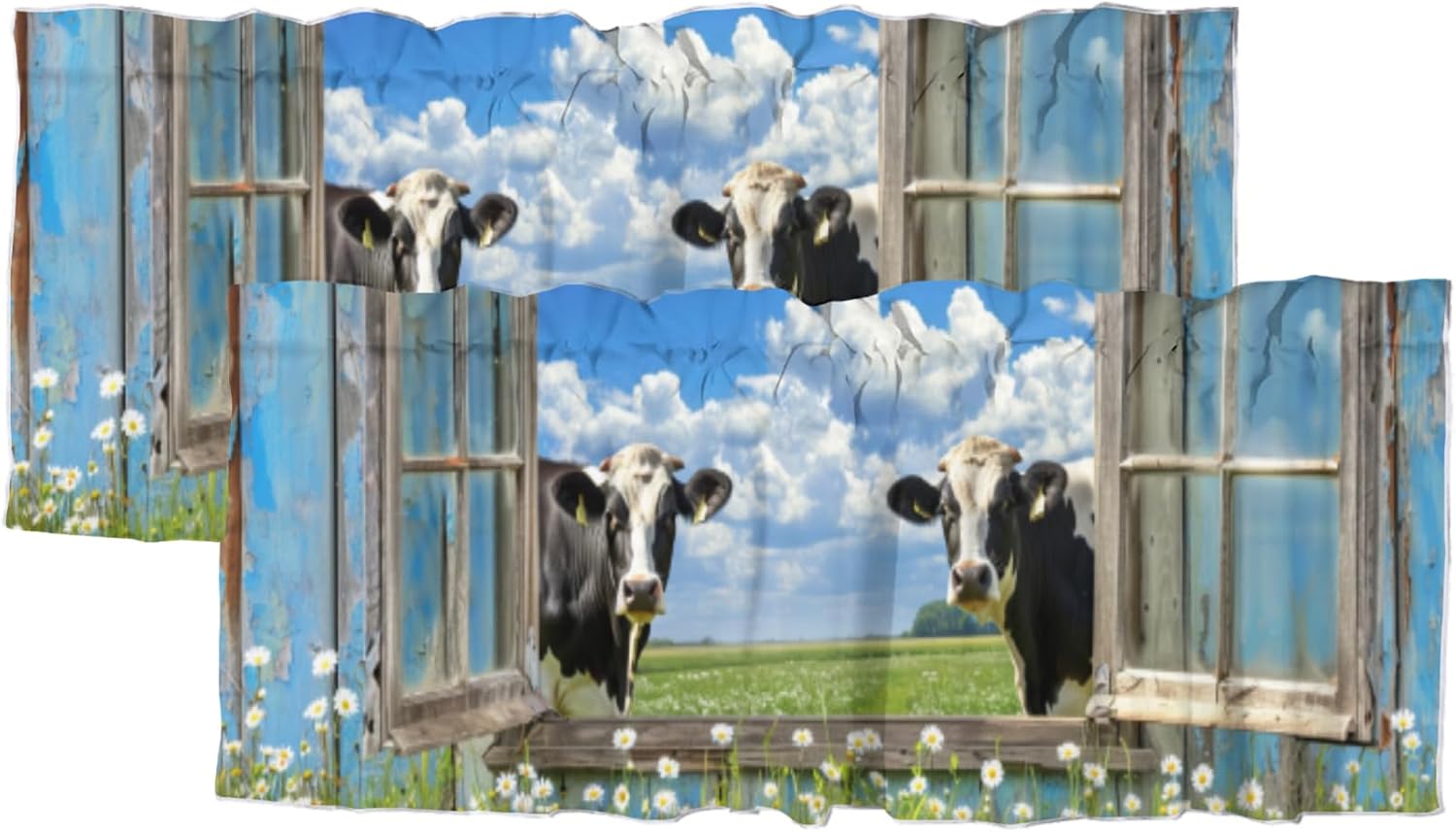 Farmhouse Highland Cow, Kitchen Window Valance Wildflower Cow Bull Rustic Truck Cattle Funny Western Rod Pocket Valance Curtain 54x18inch(2Pcs)