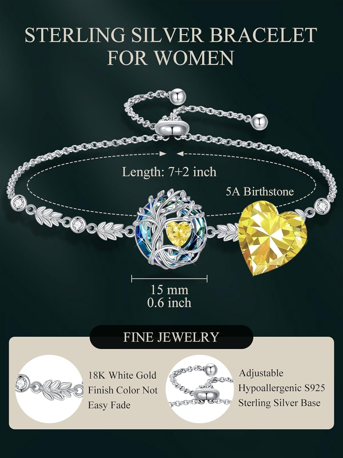 TOUPOP Tree of Life Birthstone Bracelet 925 Sterling Silver Family Tree Jewelry with Austrian Crystal Anniversary Valentines Day Birthday Gifts for Women Wife Girlfriend Her - Image 5