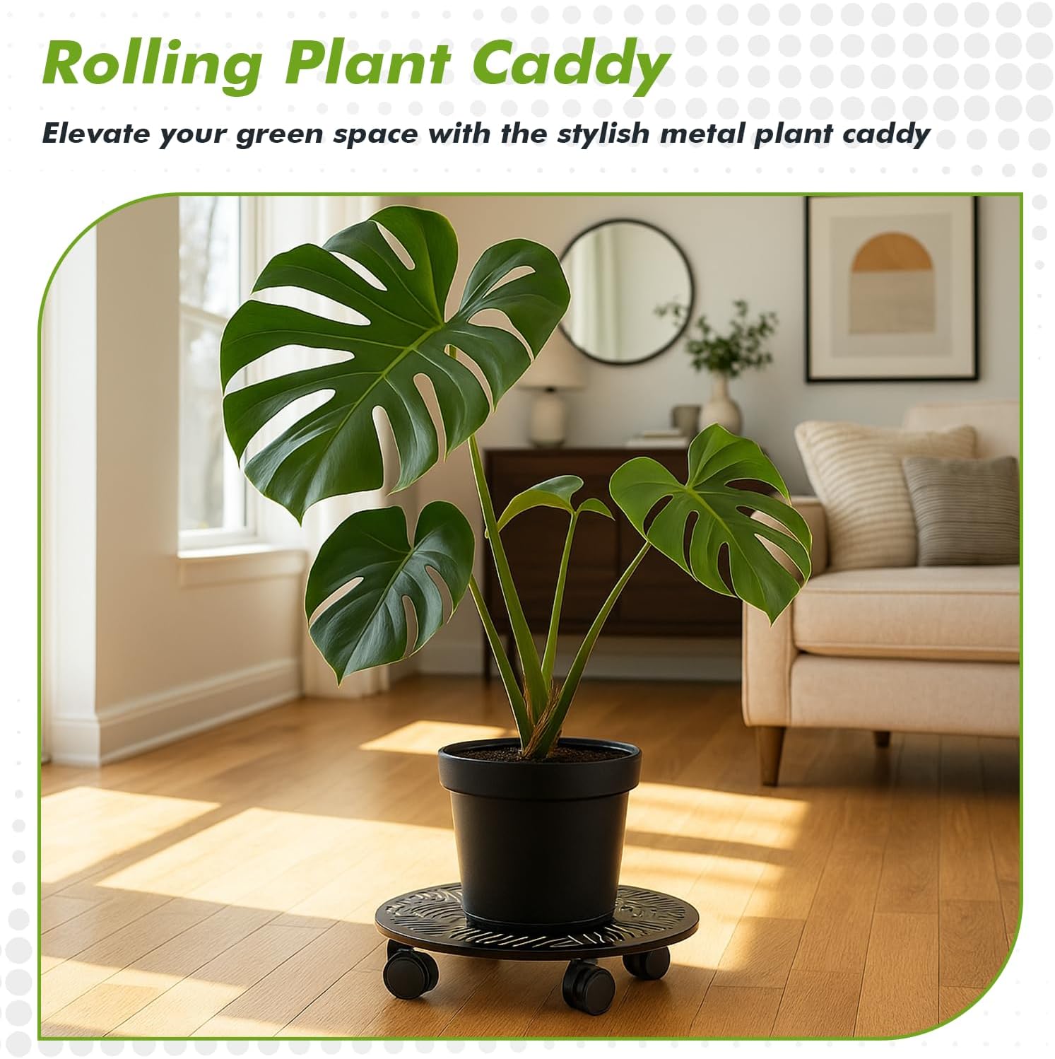 Planterhoma 2 Packs 13.5 Inch Rolling Plant Stand with Wheels Metal Plant Caddy with Wheels Heavy Duty Plant Rollers with Metal Wheels Round Wrought Iron Plant Stand with Tropical Leaf