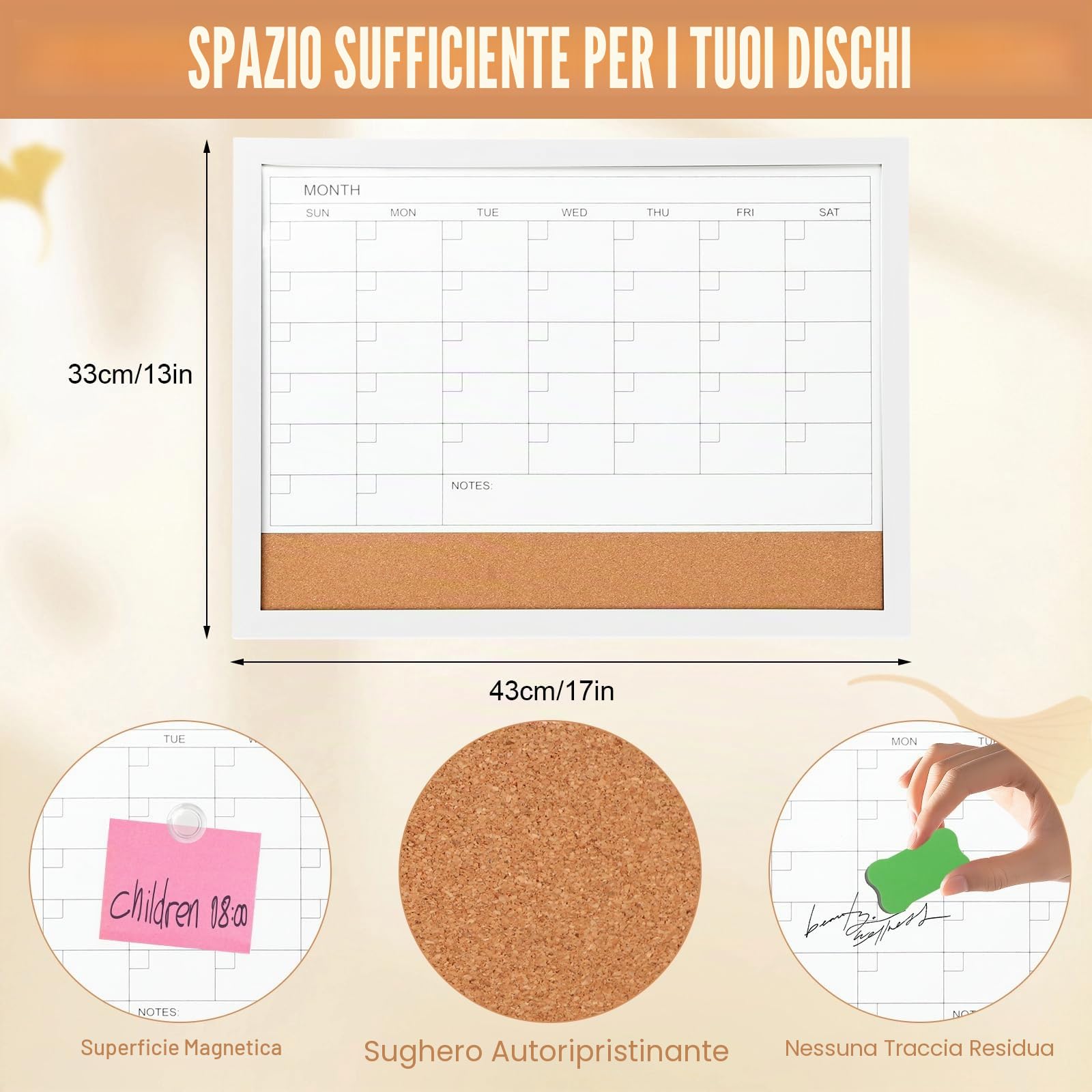 Lavagna bianca e lavagna in sughero magnetica 43 x 33 cm Calendario cancellabile a secco con cornice bianca, lavagna bianca 2 in 1 in sughero, pianificatore da cucina e ufficio
