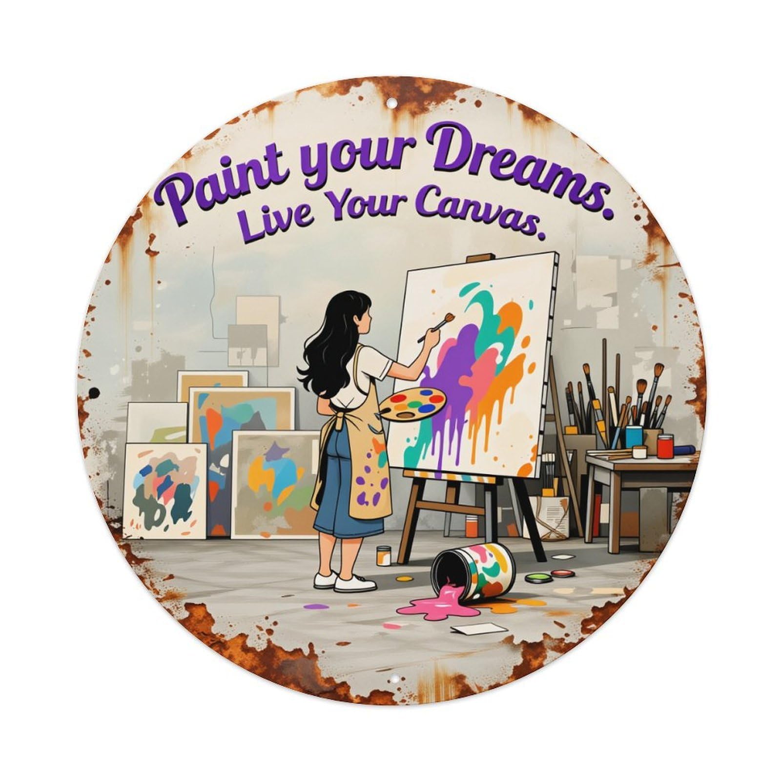 Wmlzdnwr Vintage Paint Your Dreams Live Your Canvas Round Tin Sign,Retro Wall Art,Metal Poster For Home, Bar, Garage, Cafe, Rustic Indoor & Outdoor Decor, 8X8 Inches