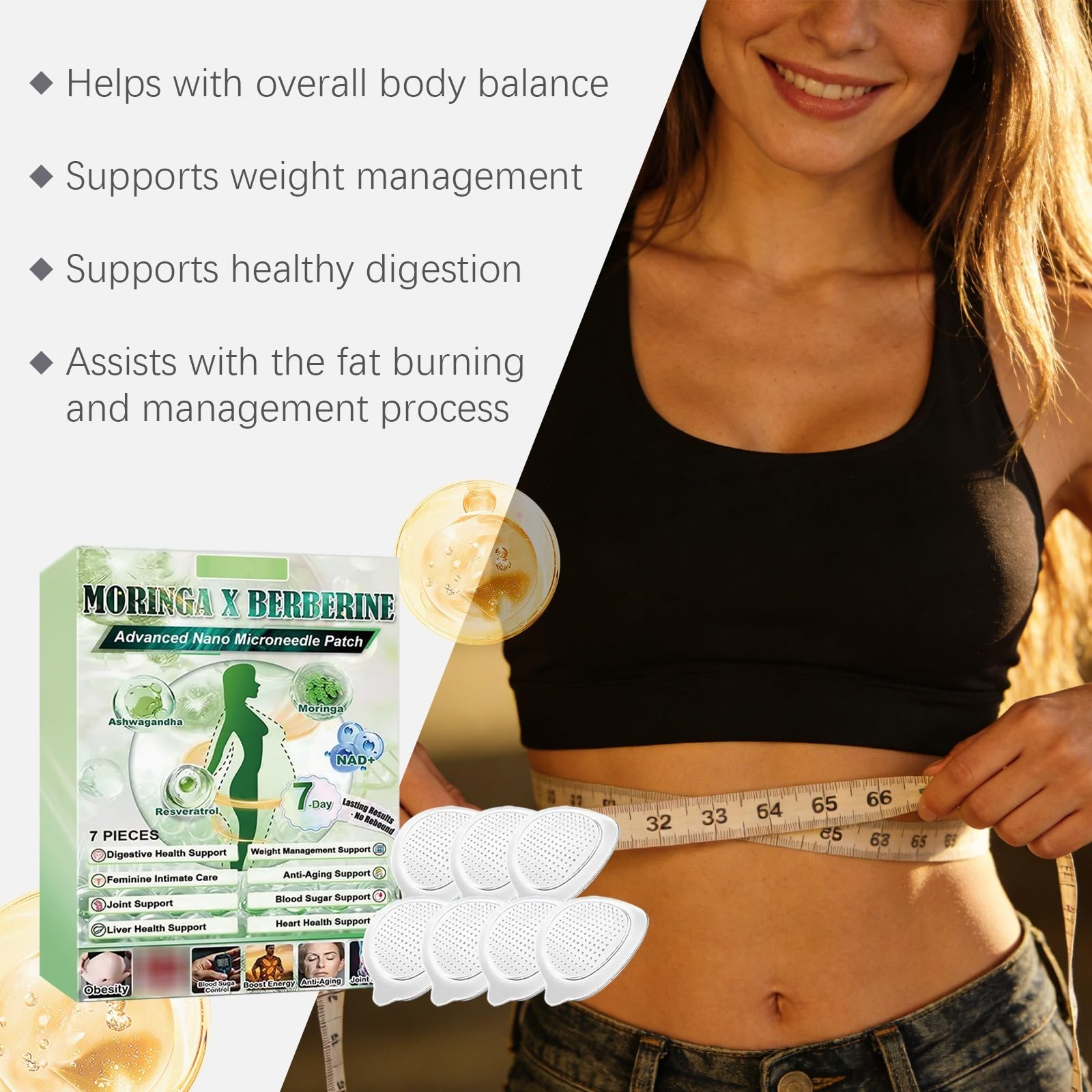 Plaster Moringa x Berberine 10 w 1, Nano Microneedle Odchudzająca naszywka, naturalne składniki, łatwa w aplikacji, niewidoczna pod ubraniem, idealna dla mężczyzn i kobiet