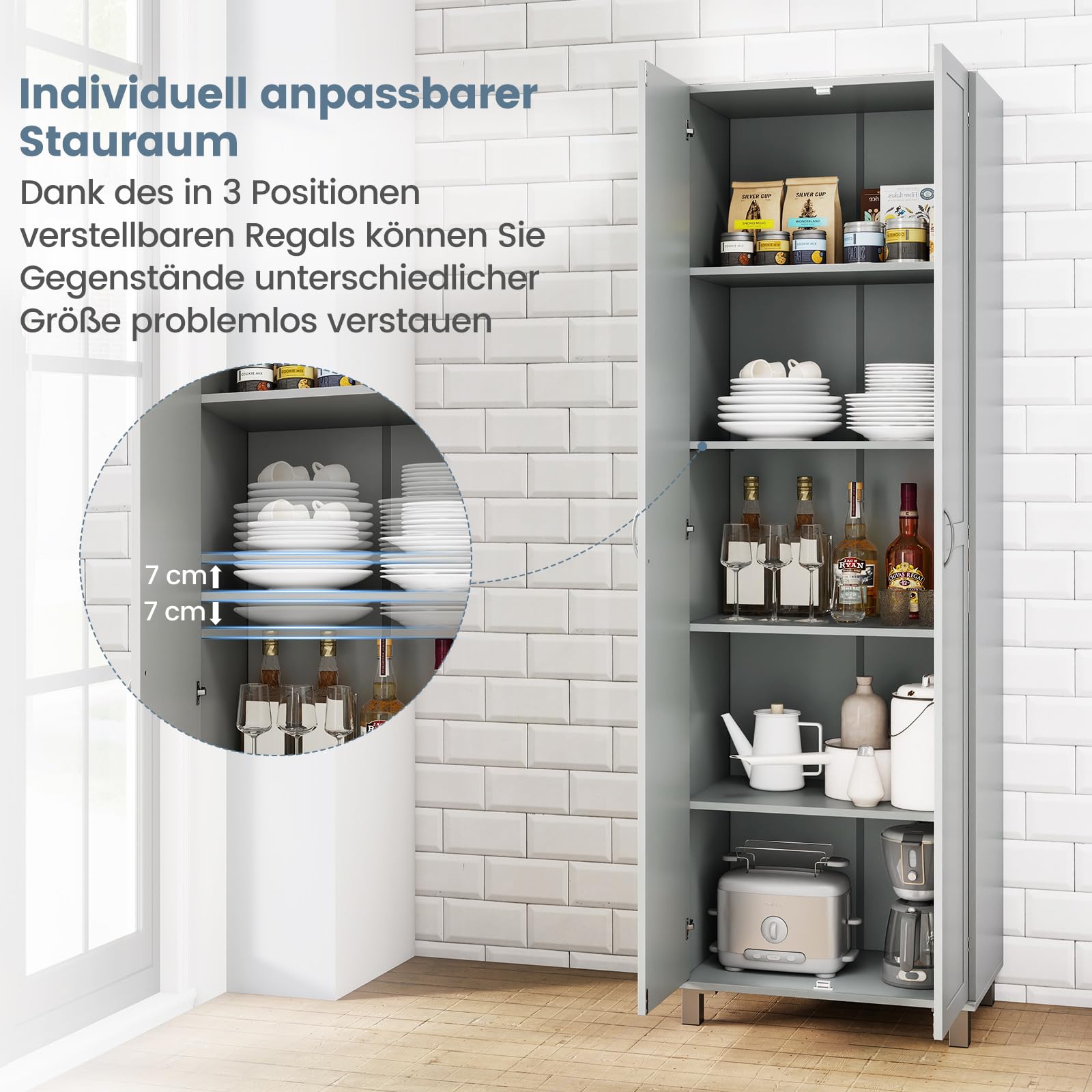 COSTWAY Küchenschrank hoch, 187 cm, Vorratsschrank mit 2 Türen & verstellbarem Regal, Mehrzweckschrank modern, Hochschrank Buffetschrank, für Küche Esszimmer Wohnzimmer (Grau)