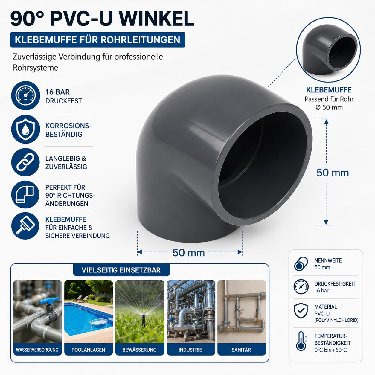 Poolmart 4 Stück 90° PVC-U Winkel 50 mm | Klebemuffe für Rohrleitungen |16 bar Druckfest | Korrosionsbeständig & Langlebig (4er Set)