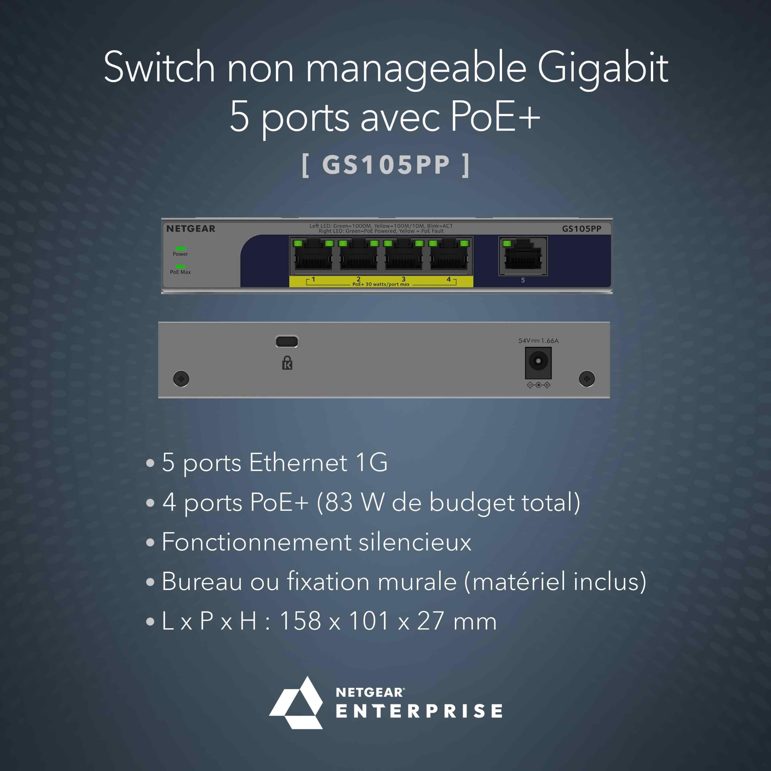 NETGEAR Switch Non manageable 5 Ports Gigabit Ethernet PoE+ (GS105PP) - avec 4 PoE+ à 83 W, PoE Dynamique, sans Ventilateur, Montage sur Un Bureau ou Mural
