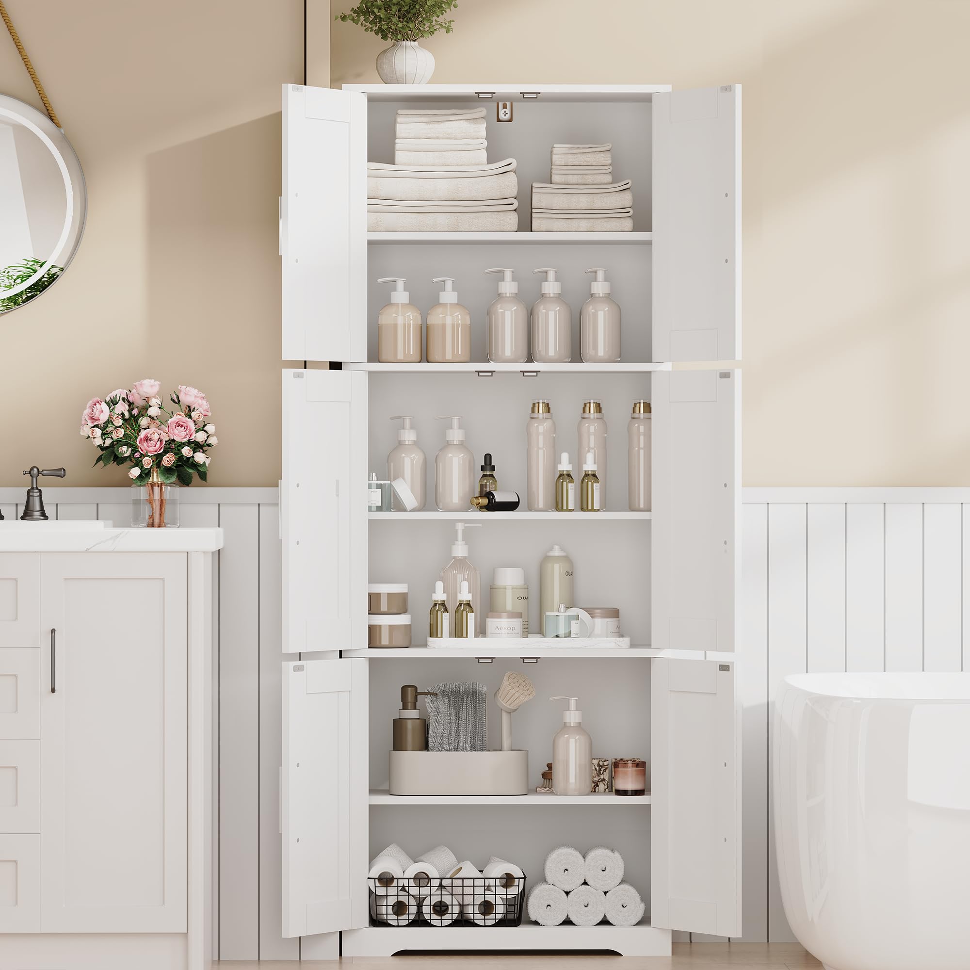 Armario de Baño de 6 Puertas, Armario de Baño de Columna Alta | Mueble de Baño con 3 Estantes Ajustables, Apto para el Baño, el Salón y la Cocina, Blanco, 30 × 60 × 170 cm, EXYYG023W