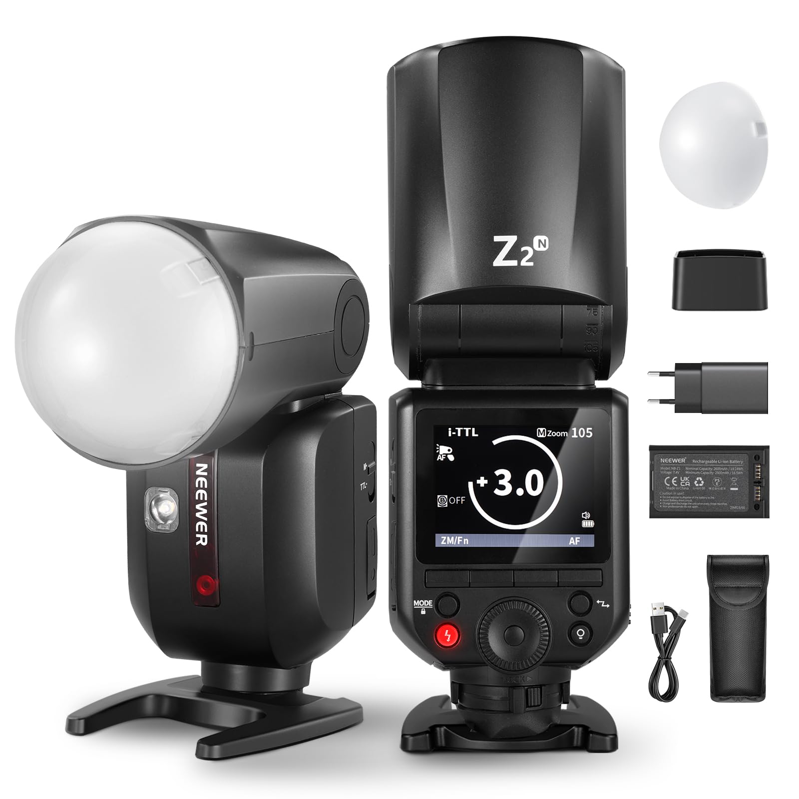 NEEWER Z2-N Flash Speedlite TTL a Testa Tonda 2.4G per Nikon,76W+Diffusore a Cupola, UI Migliorata, Toggle Key TTL/M TCM, 2 Lampada Pilota 1/8000s HSS Batteria 7.4V/2600mAh, 480 Flash a Piena Potenza